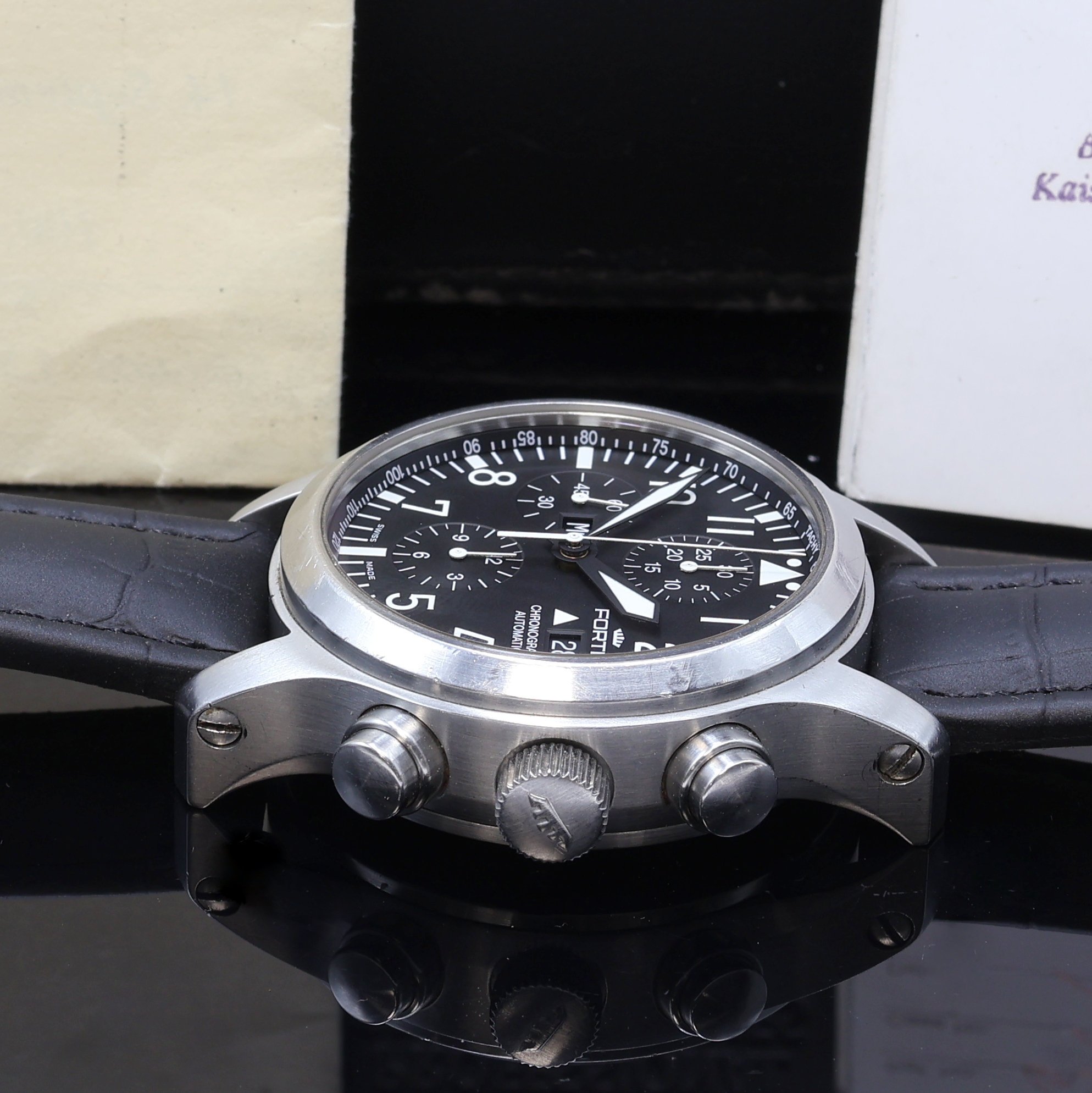 Detail b: FORTIS B-42 Fliegerchronograph Referenz 656.10.11, Schweiz verk. lt. beil. Garantie 09/2009, beids. vergl. Edelstahlgeh. inkl. orig. Lederband ...