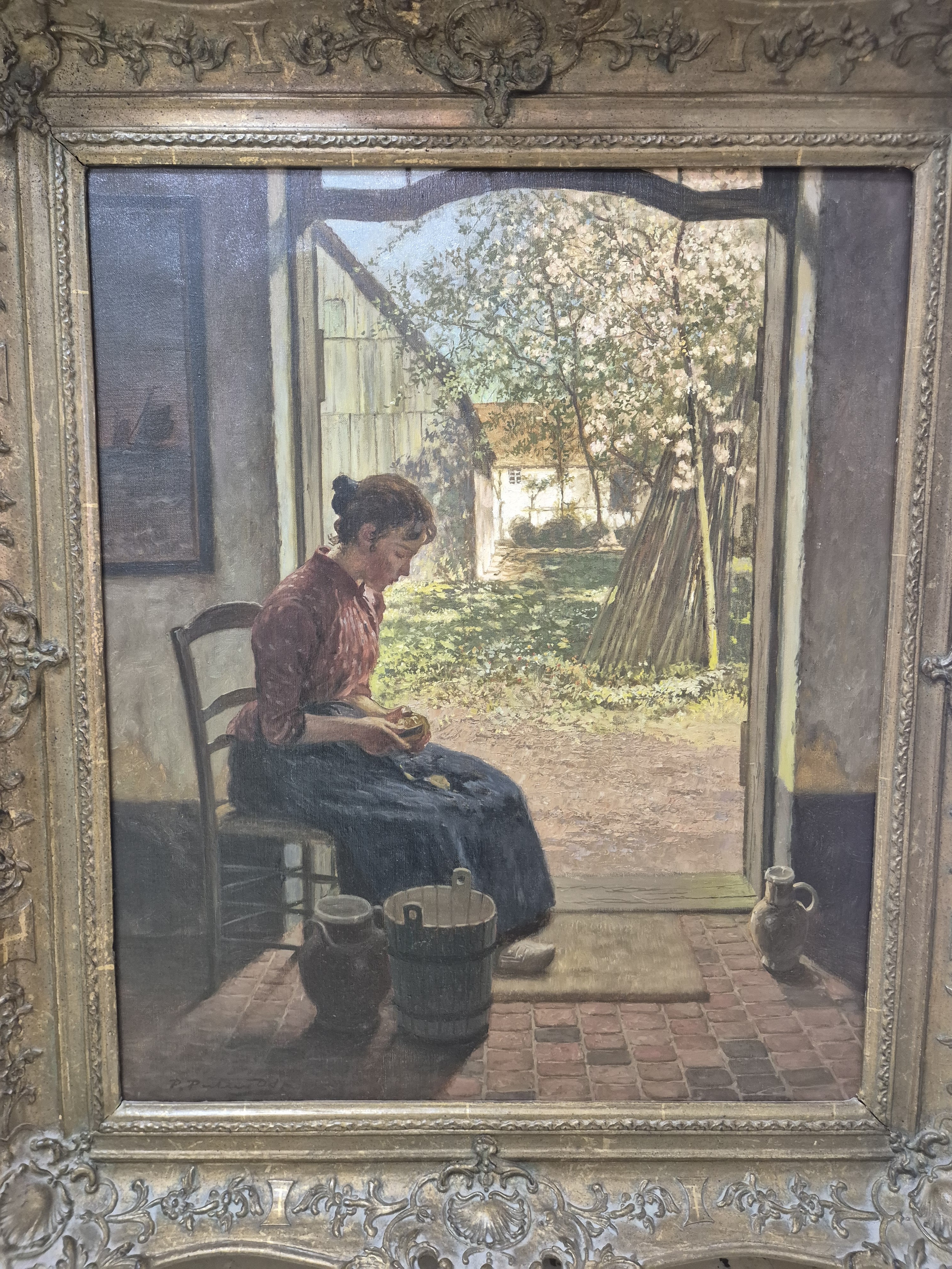Detail a: P. Paulus, um 1880-1900, wohl Düsseldorfer Schule, junge Frau beim Gemüse schälen, Öl/Lwd, signiert, doubliert, stimmungsvoller Blick in den ...