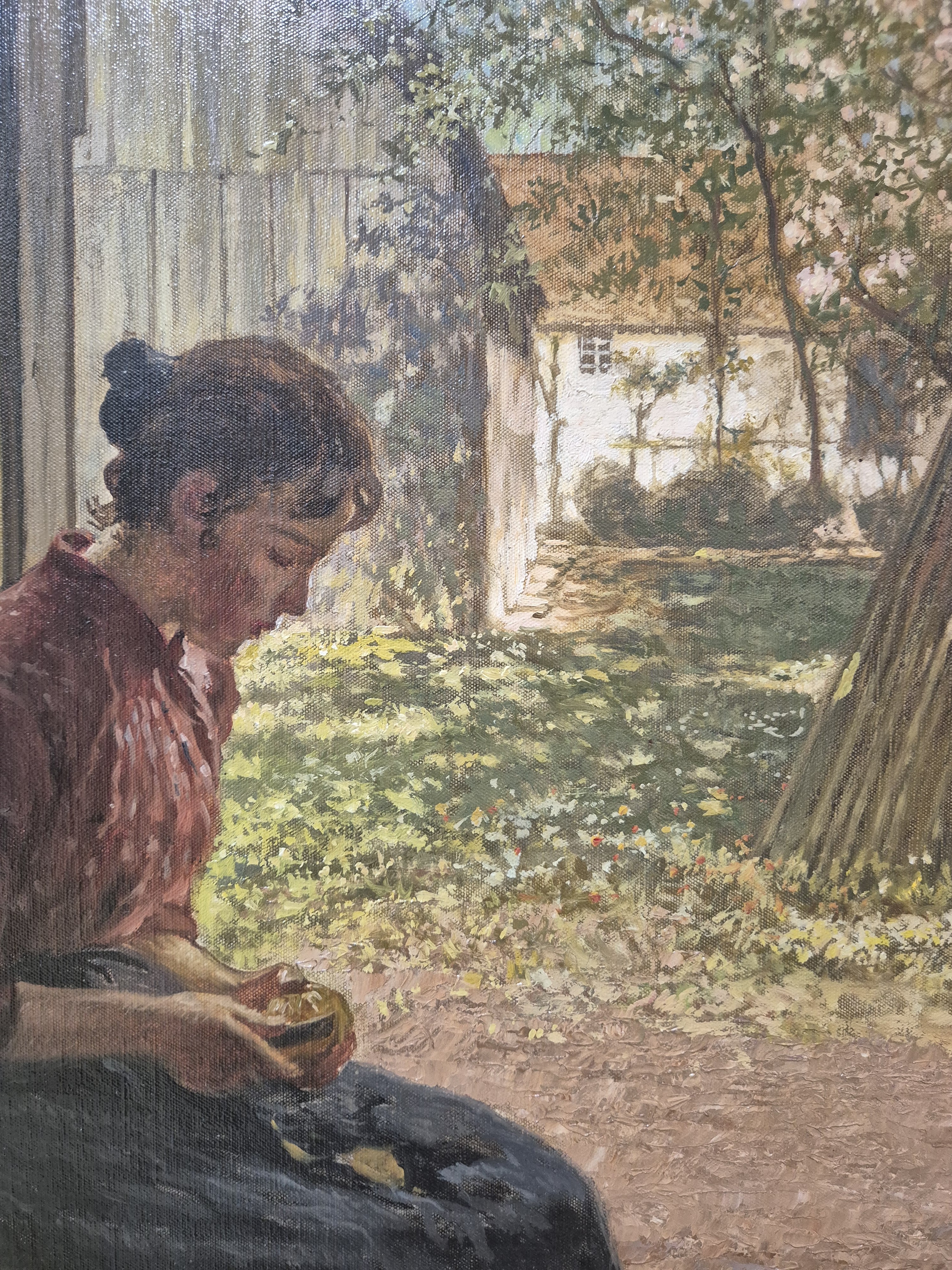 Detail b: P. Paulus, um 1880-1900, wohl Düsseldorfer Schule, junge Frau beim Gemüse schälen, Öl/Lwd, signiert, doubliert, stimmungsvoller Blick in den ...