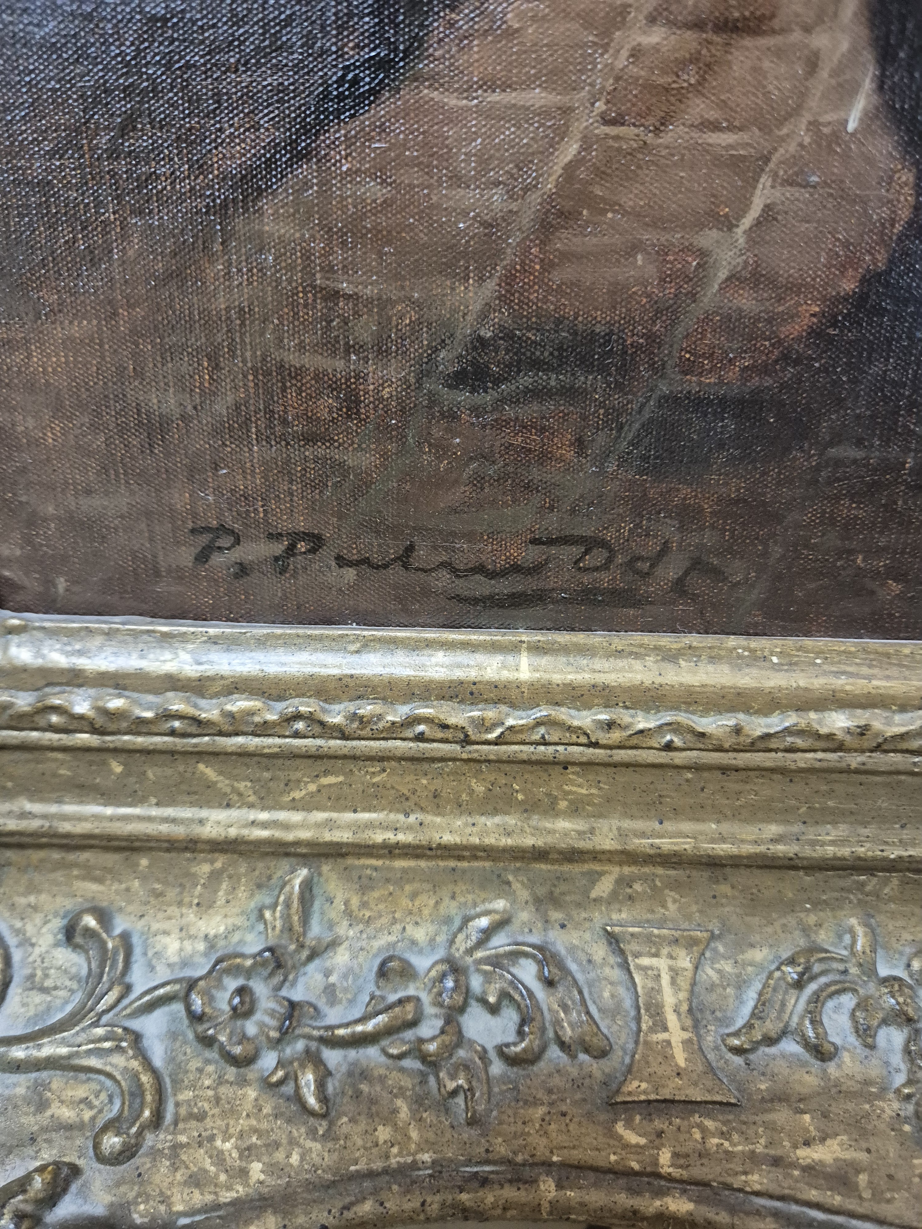 Detail c: P. Paulus, um 1880-1900, wohl Düsseldorfer Schule, junge Frau beim Gemüse schälen, Öl/Lwd, signiert, doubliert, stimmungsvoller Blick in den ...