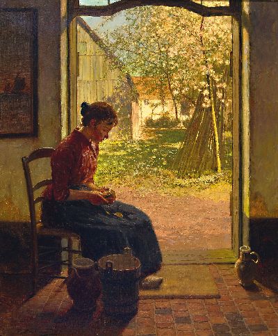 Image P. Paulus, um 1880-1900, wohl Düsseldorfer Schule, junge Frau beim Gemüse schälen, ...