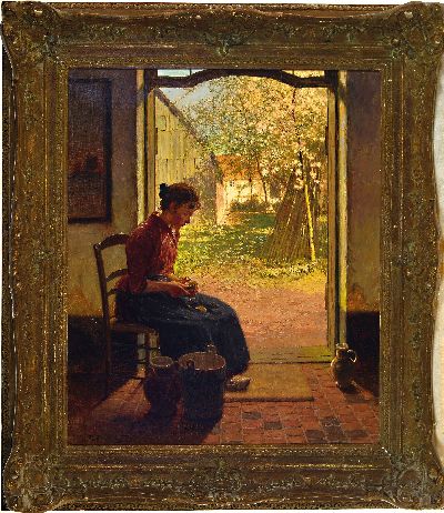 27104698k - P. Paulus, around 1880-1900, probably Düsseldorf school, young woman peeling vegetables, ...