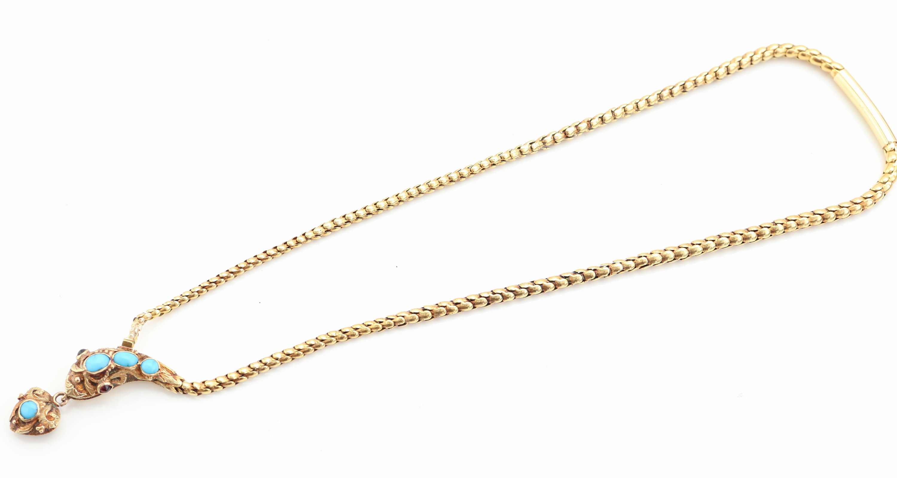 Detail a: 14 kt Gold Türkis-Schlangencollier, um 1860, GG 585/000 gepr., Mittelteil in Form eines Schlangenkopfes, bewegl. herzf. Abhängung, ...