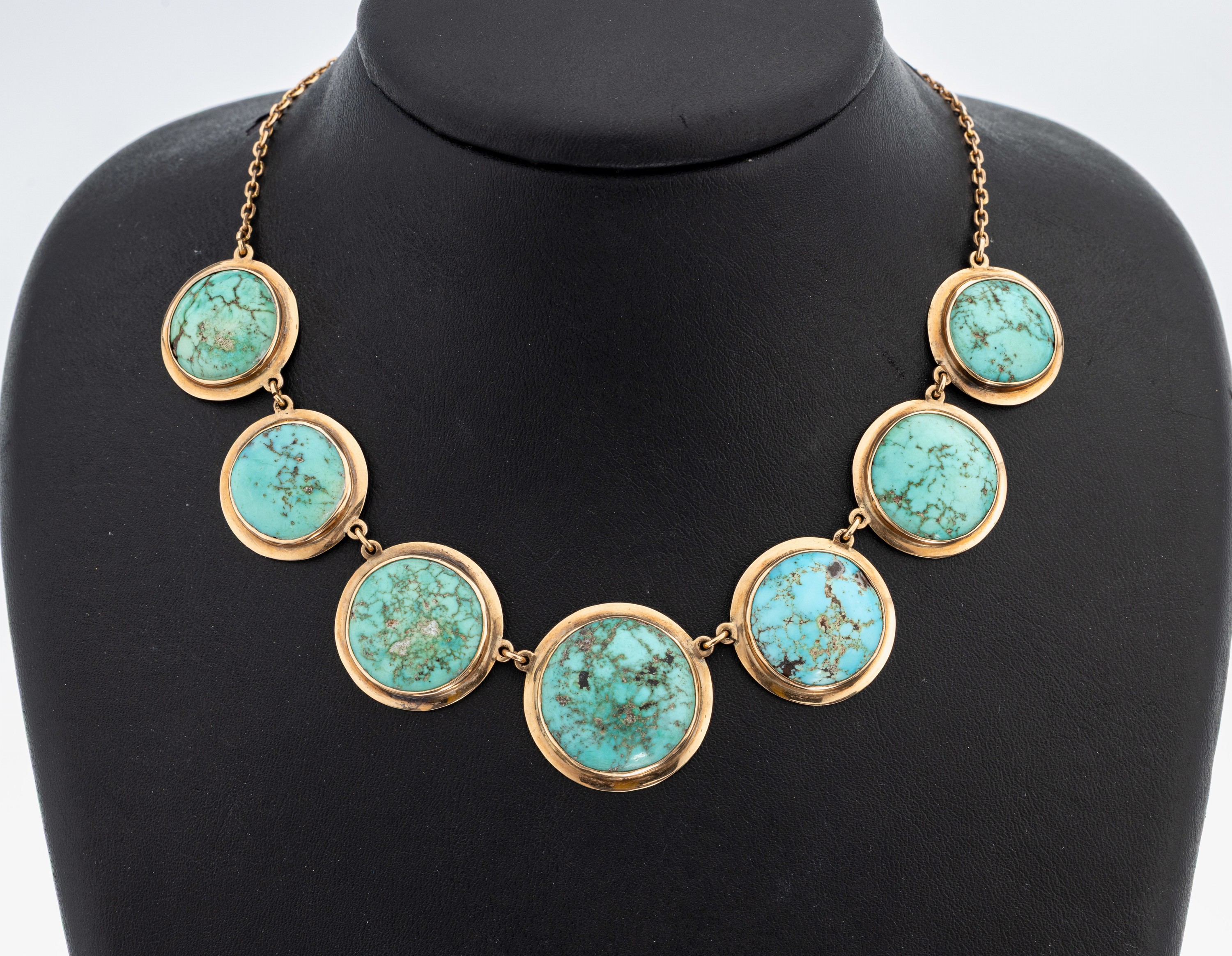 Image 27104702 - 14 kt Gold Türkis-Collier, GG 585/000 gepr., Mittelteil 7 runde Glieder mit Türkisen, ...