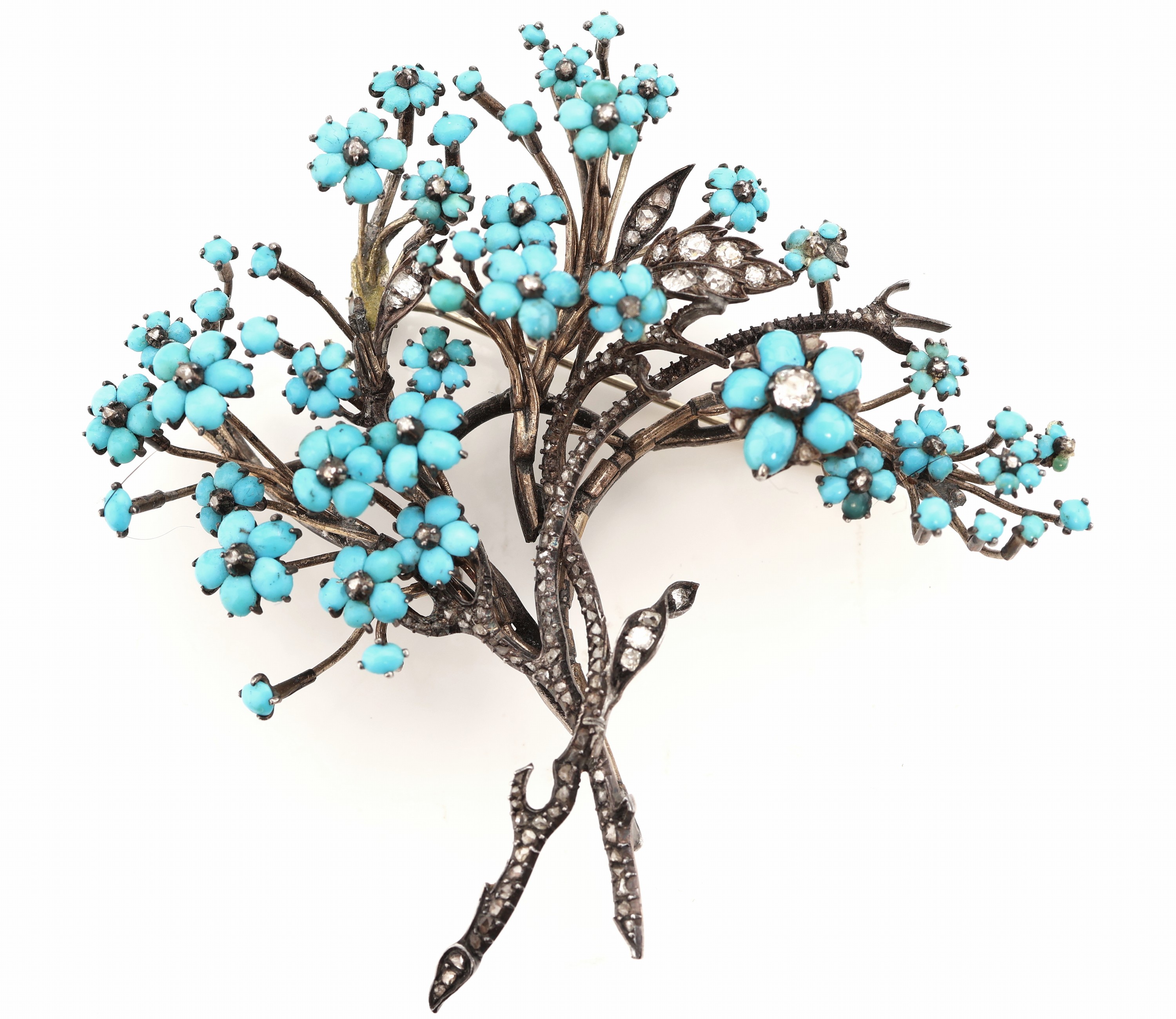 Detail a: Türkis-Diamant-Brosche, deutsch, um 1835, Silber und GG gepr., in Form eines Blumenstraußes, Blüten aus Türkis-Cabochons von hervorragender ...