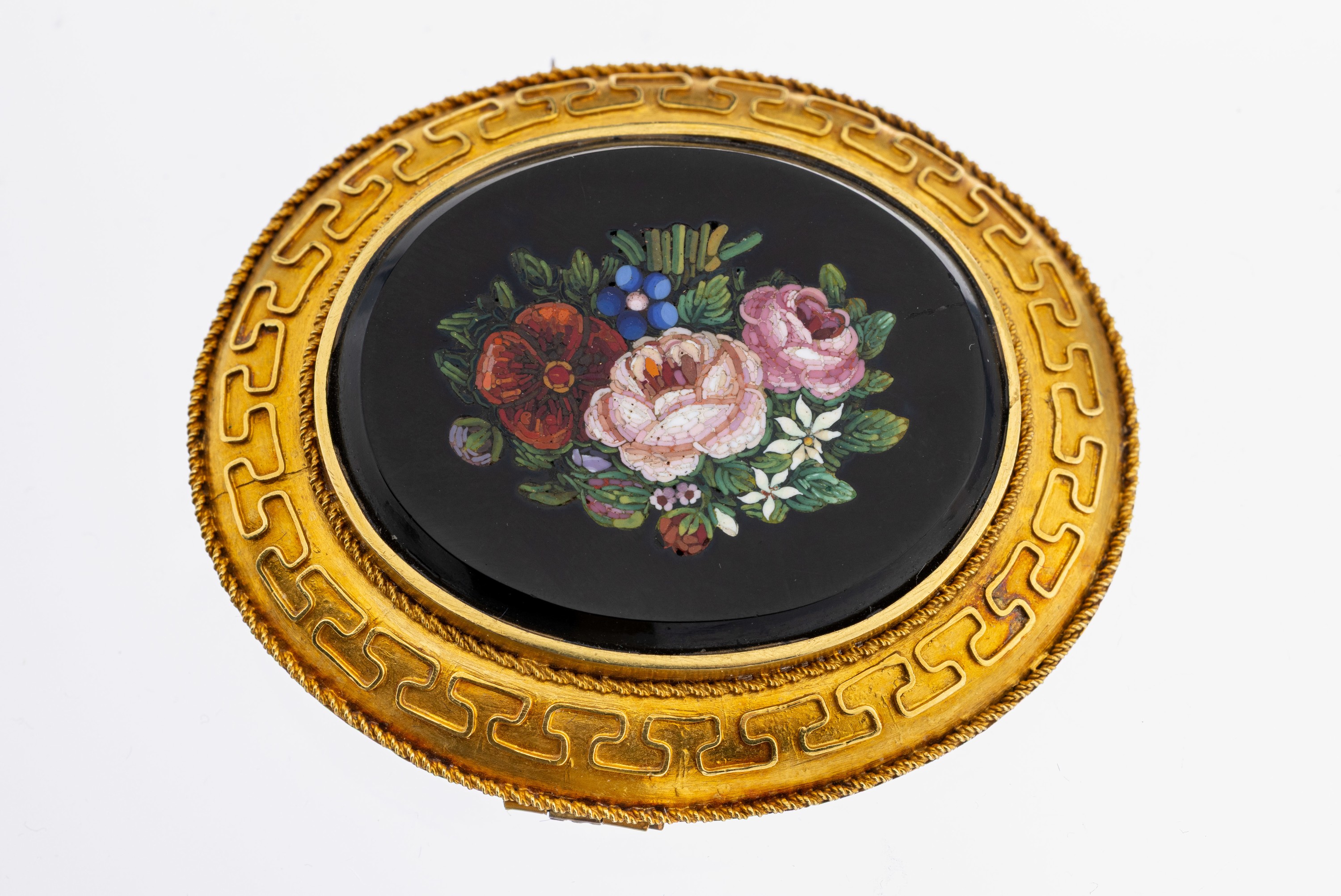 Image 27104708 - 18 kt Gold Mikromosaik-Brosche, Italien, um 1860-70, GG 750/000 gepr., Fassung mit ...