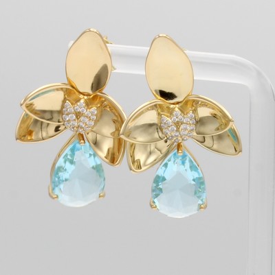 Image Paar Ohrstecker ´Blüte´ mit Zirkonias, 925er Silber vergoldet, tropfenf. blaue ...