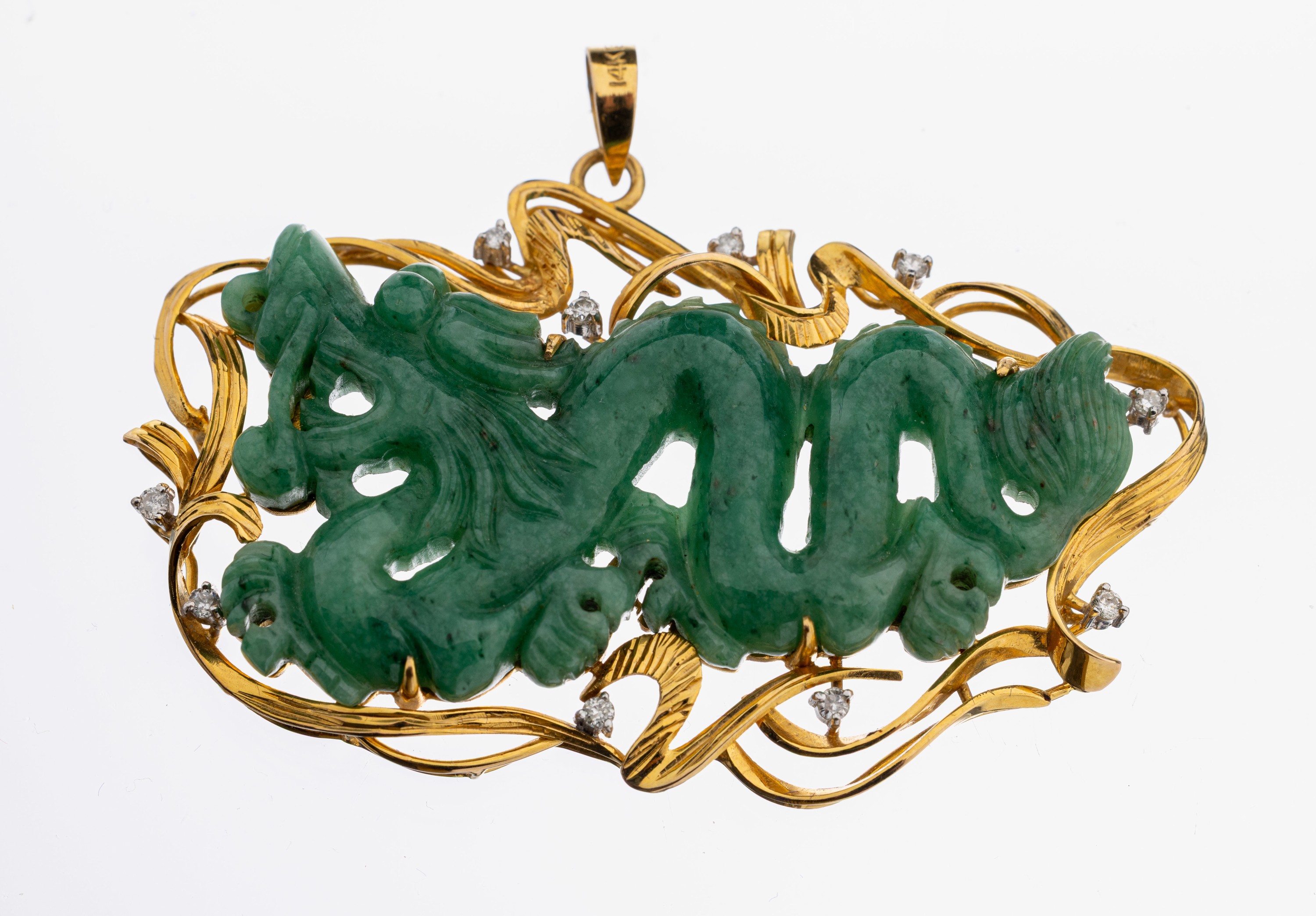 Image 27104800 - 14 kt Gold Brillant-Jade-Anhänger, GG/WG 585/000, mittig plastischer Drache, ...
