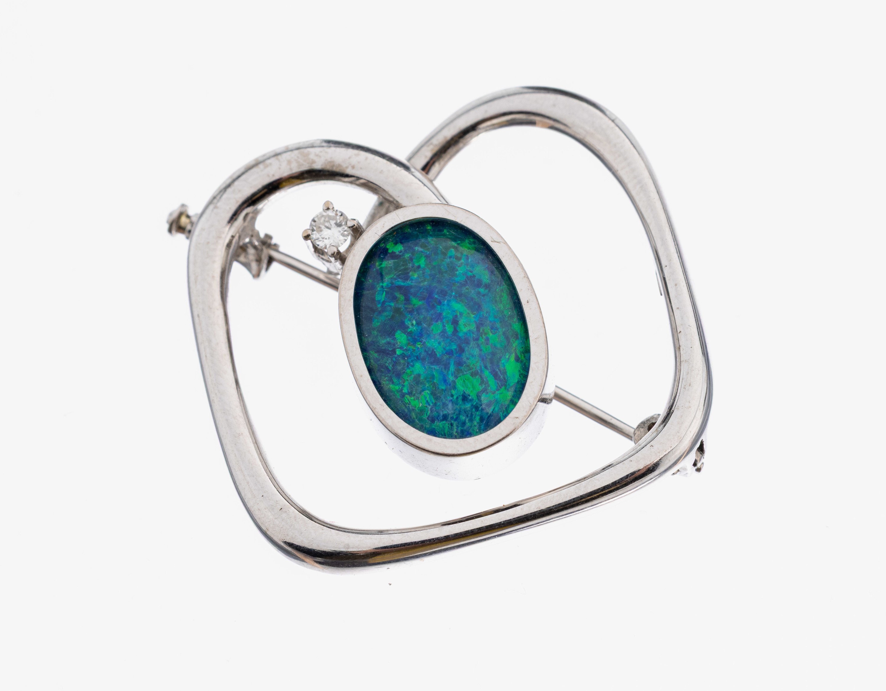 Image 27104841 - 14 kt Gold Opal-Brillant-Brosche, WG 585/000, abstraktes Design, mittig ovale ...