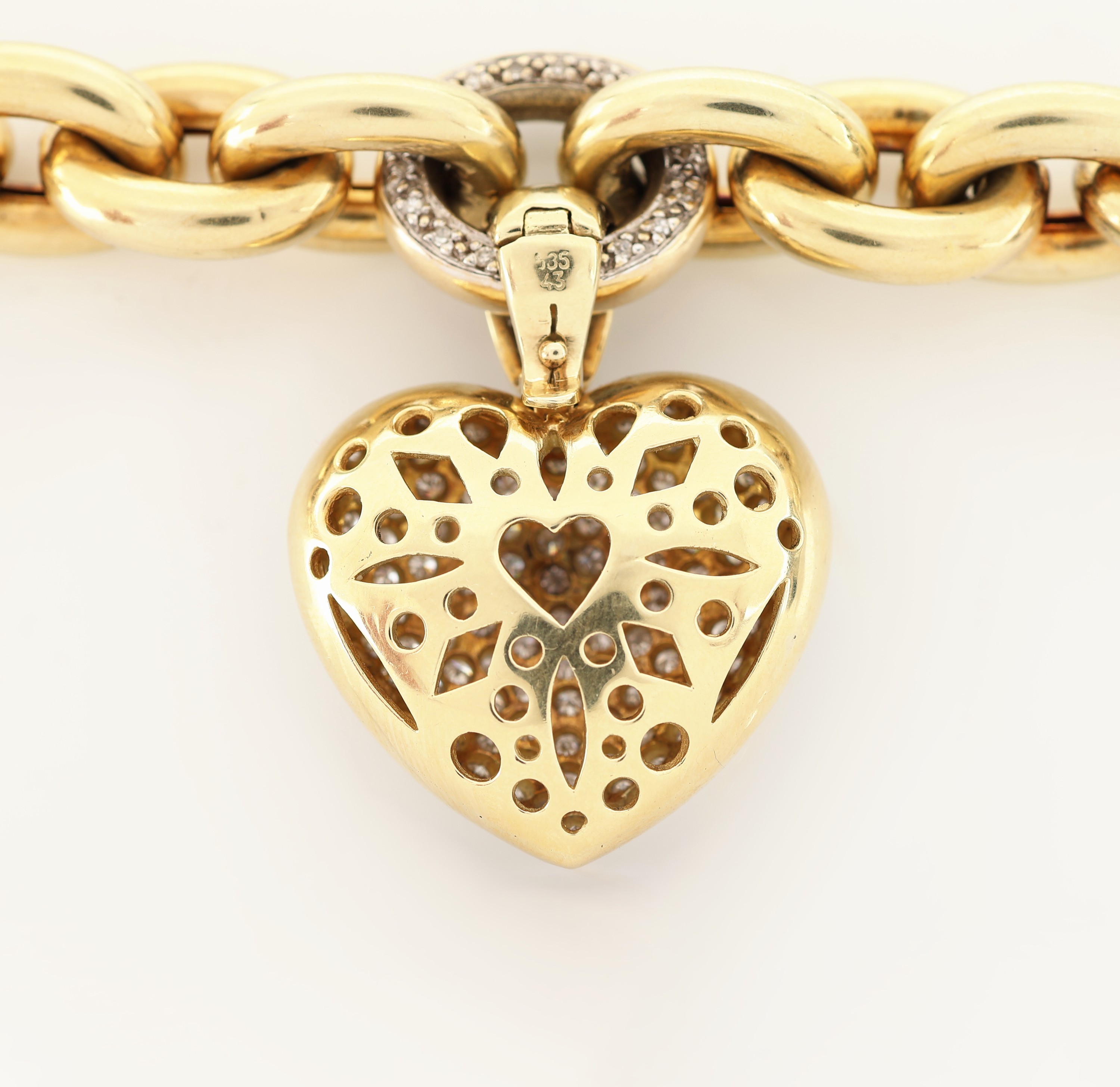 Detail b: 14 kt Gold Diamant-Collier, GG 585/000, Ankerkette im Verlauf, mittiges Glied mit 36 8/8-Diamanten zus. ca. 0.36 ct Weiß/si, herzf. Clipanhänger, ...