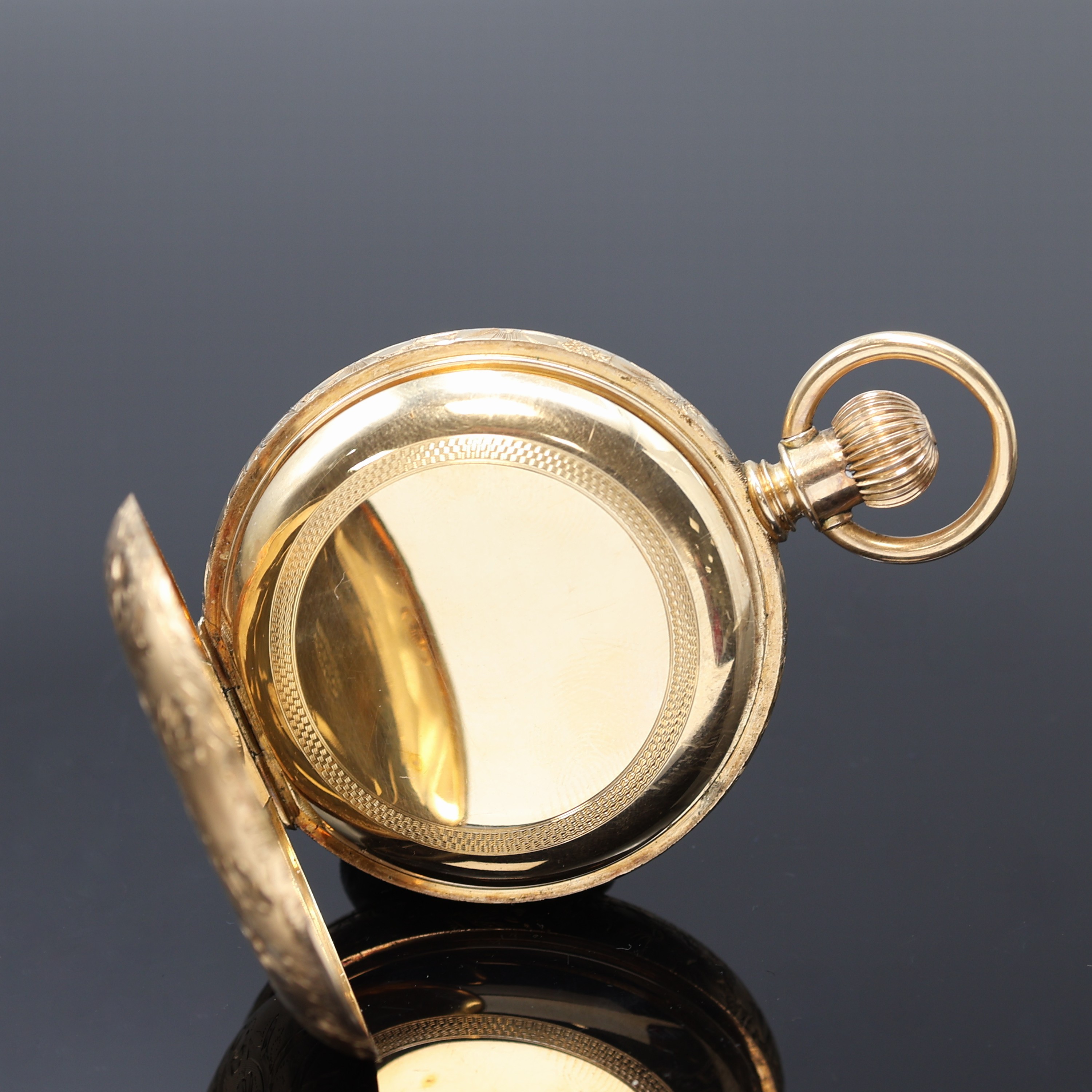 Detail e: WALTHAM/P.S. BARTLETT schwere Savonette Herrentaschenuhr in RG 585/000, USA um 1890, aufw. guill. und floral graviertes 3-Deckel Goldgehäuse, ...