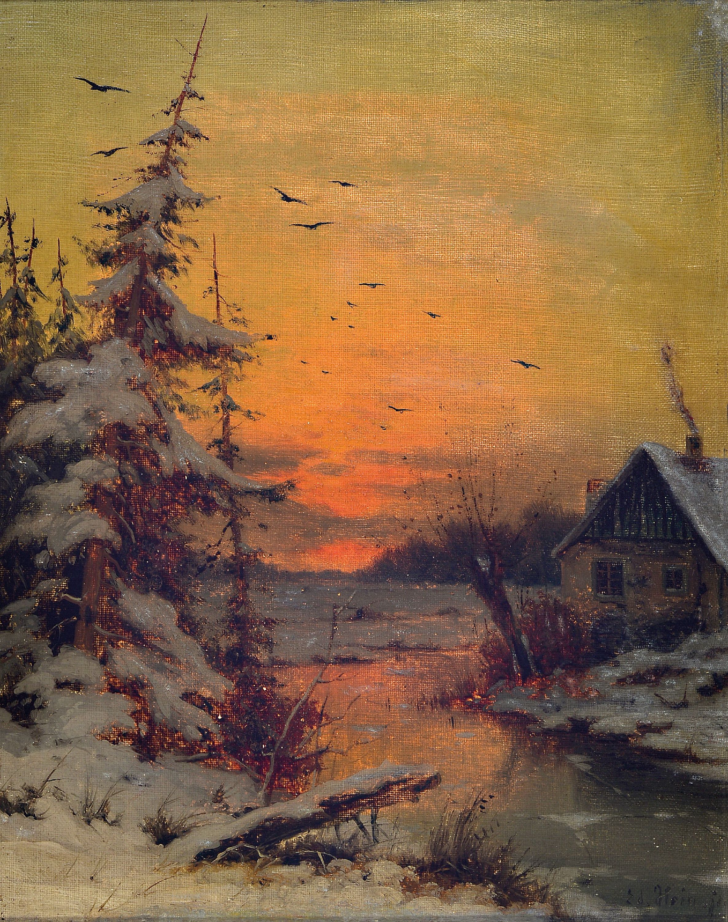 Detail a: Eduard Hein jun., 1854-1918, 2 Pendants: verschneite Winterlandschaften im Abendrot, Öl/Lwd, rechts bzw. links unten signiert, je ca. 36x29cm, R. ...