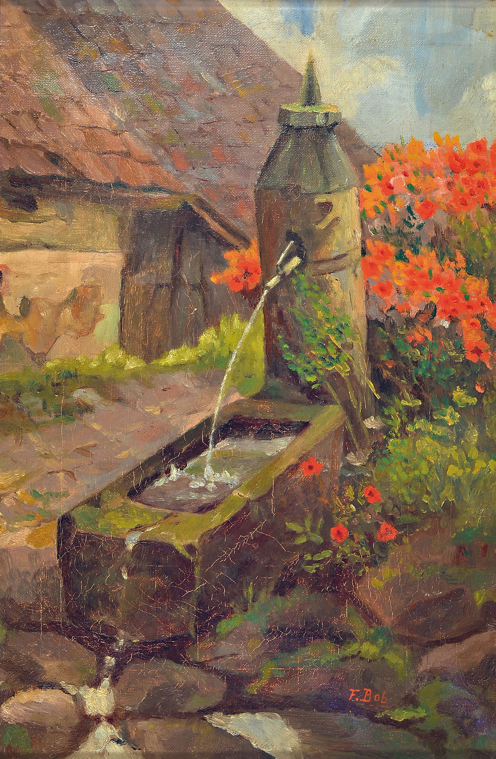 Detail a: F. Bob, datiert 1914, 2 Pendants: Brunnen im Garten, Öl/Lwd, beide signiert, eines datiert 1914, je ca. 45x30cm, R. ca. 59x44cm