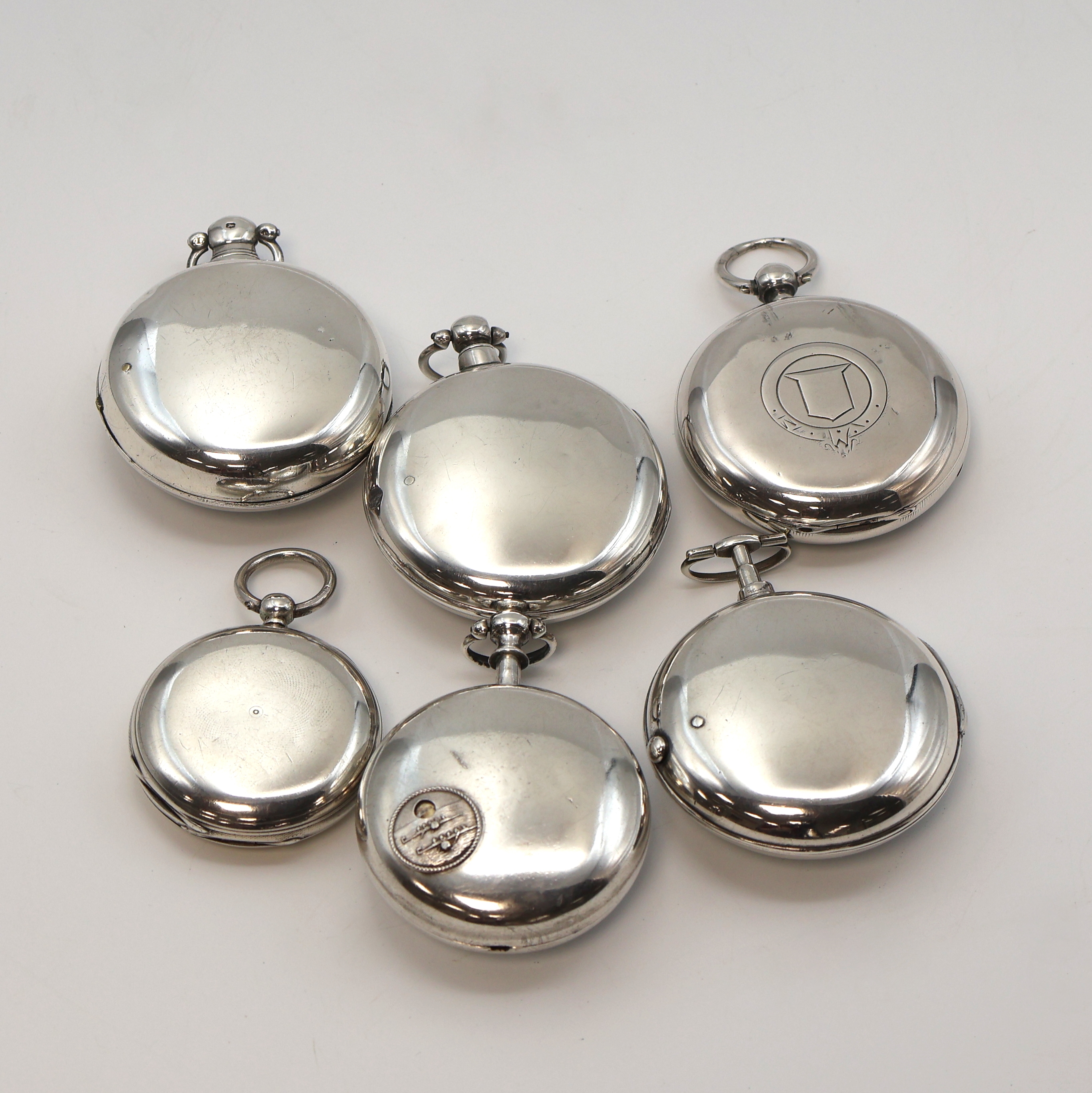 Detail c: Konvolut: 5 offene und eine Savonette Taschenuhr in Silber Gewicht ca. 796g, 3 x mit Spindelwerk und 3 x mit Spitzzahnankerwerk, 3 davon mit ...
