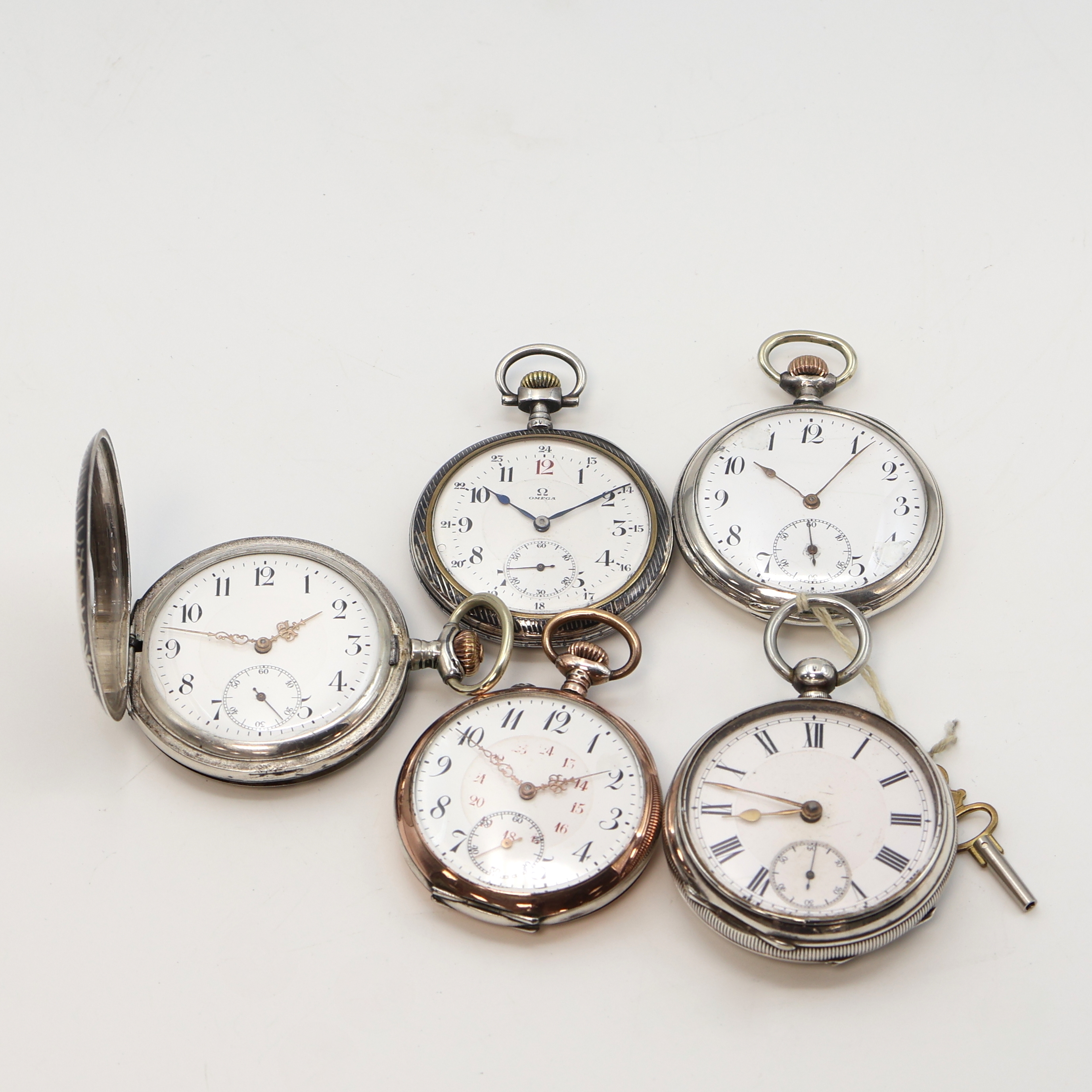 Image 27104974 - OMEGA offene Taschenuhr sowie 4 weitere Silbertaschenuhren, Schweiz um 1870-1910, 1x ...
