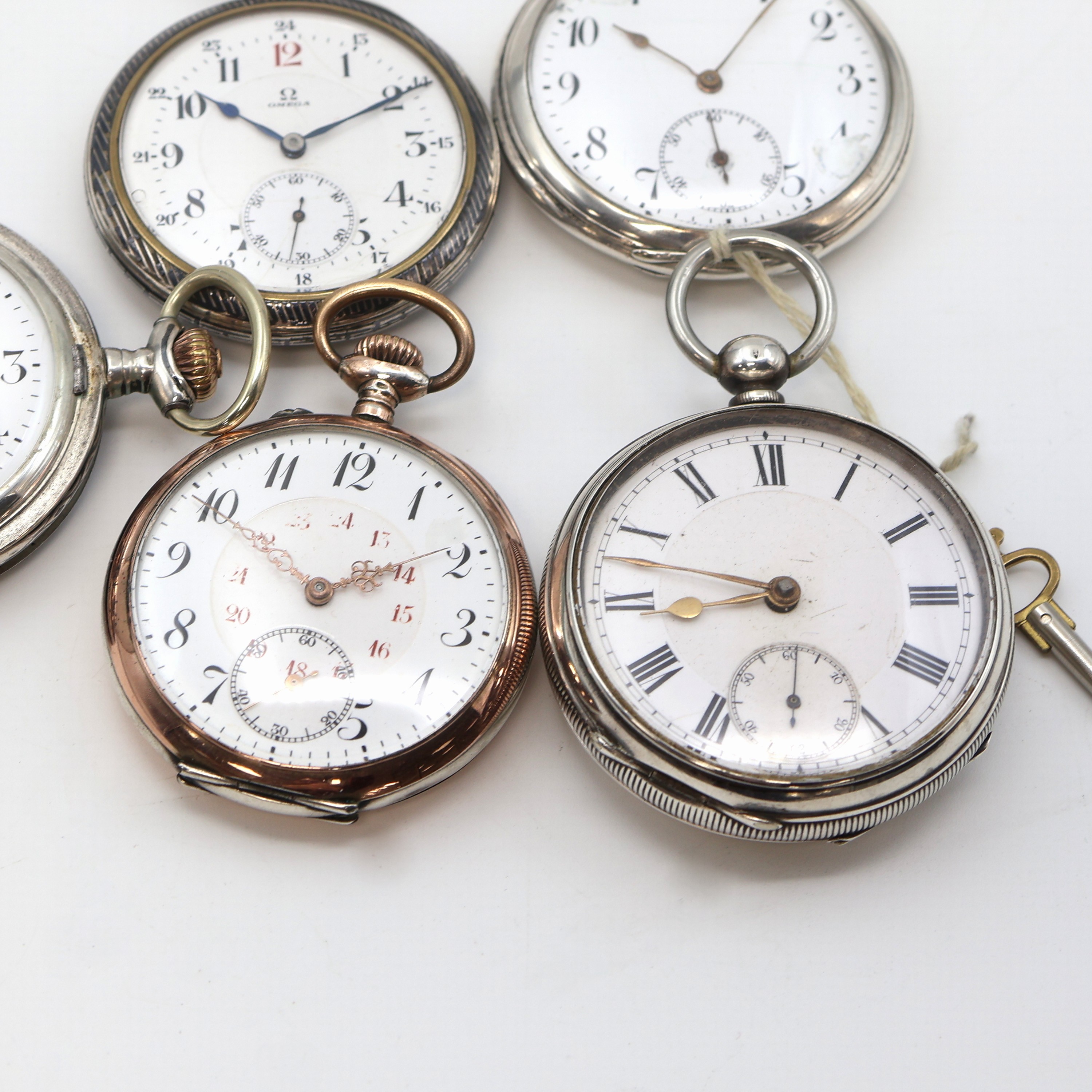 Detail c: OMEGA offene Taschenuhr sowie 4 weitere Silbertaschenuhren, Schweiz um 1870-1910, 1x Schlüsselaufzug, 4x Kronenaufzug, 1x Savonette, 4x offene ...