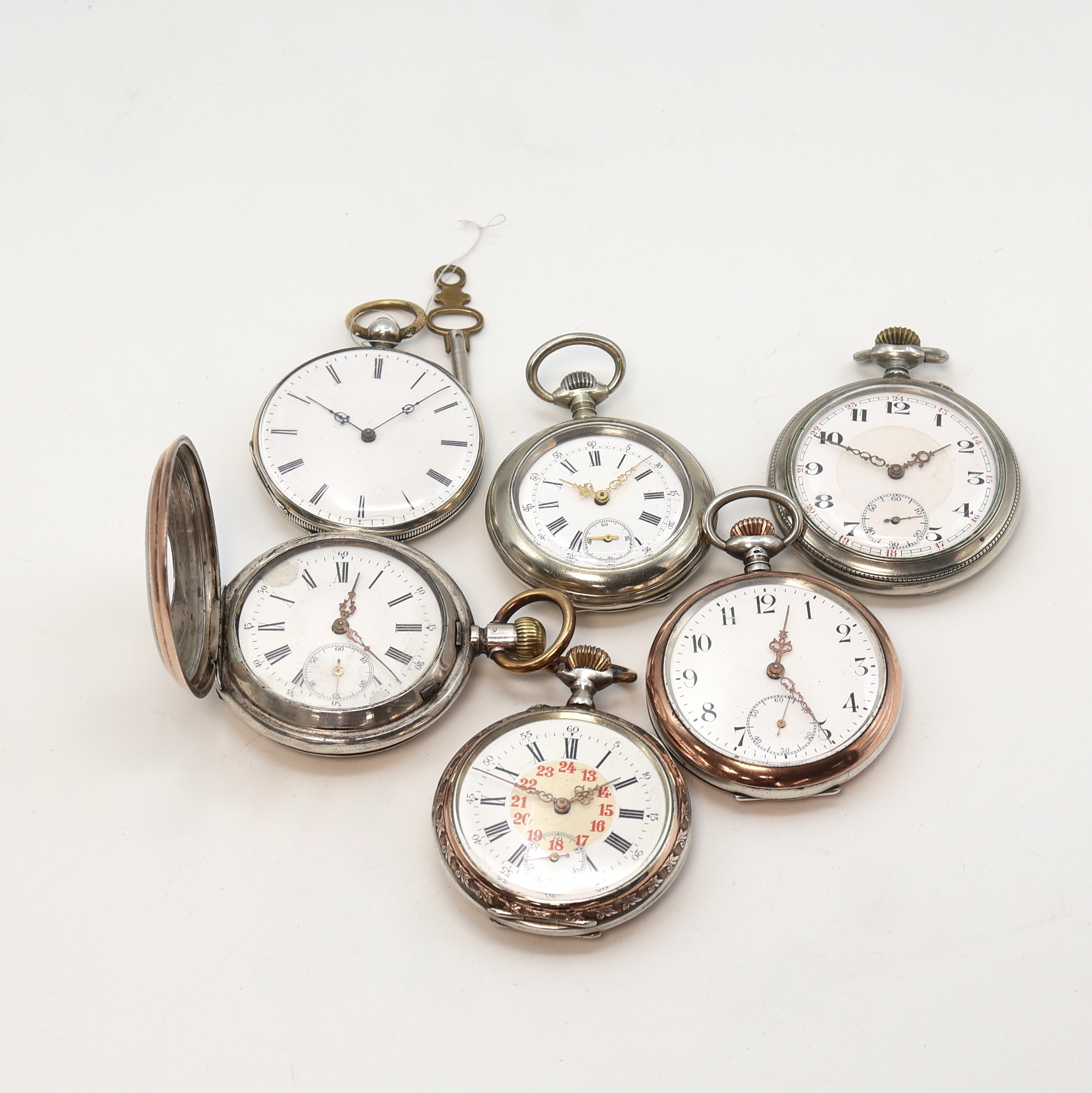 Image 27104979 - 6 pocket watches thereof 3x silver and 3x nickel plated, Switzerland around 1880-1915, 1x ...
