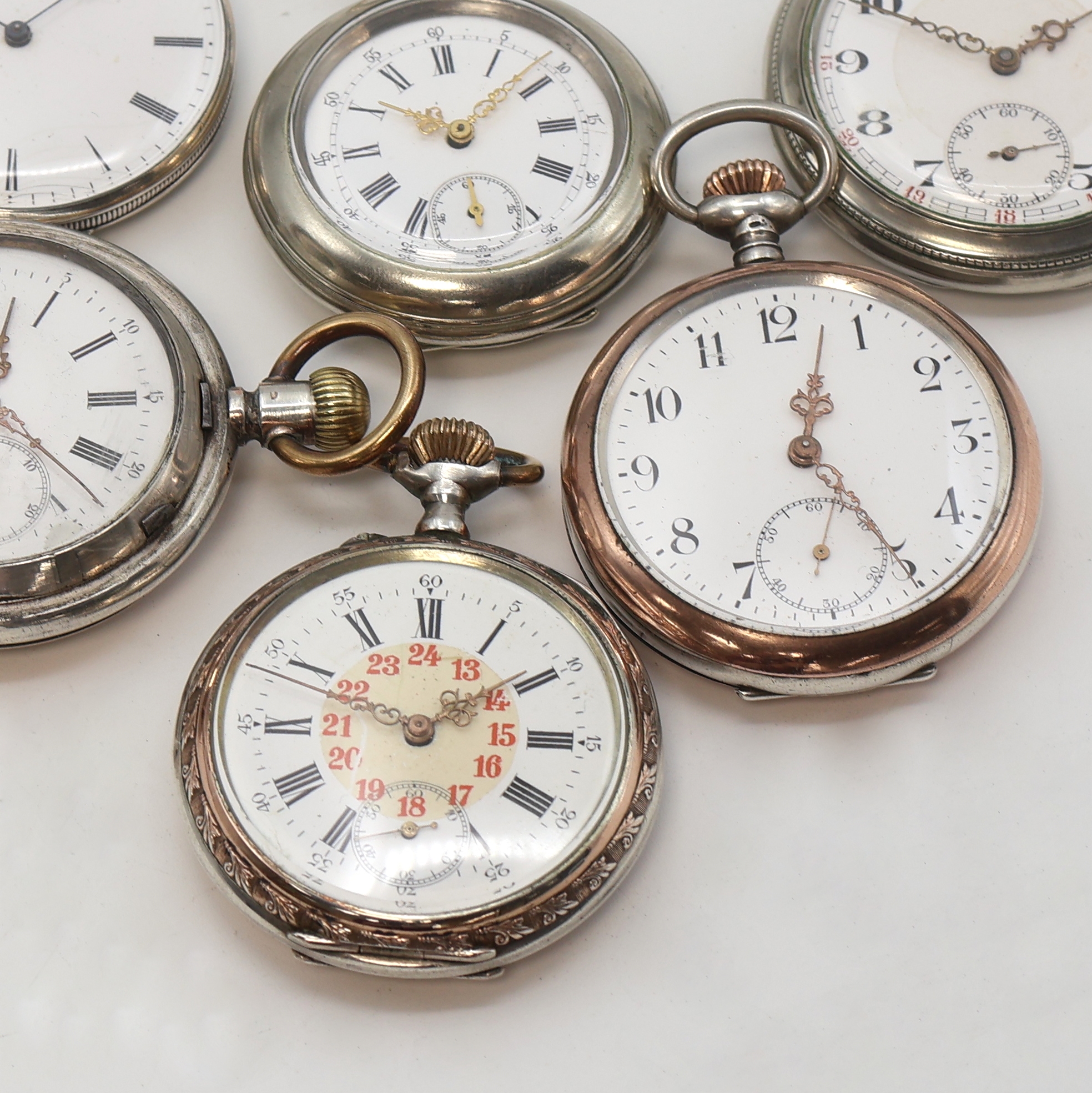Detail c: 6 Taschenuhren davon 3x Silber und 3x vernickelt, Schweiz um 1880-1915, 1x Schlüsselaufzug, 5x Kronenaufzug, 1x Halbsavonette, 5x offene ...