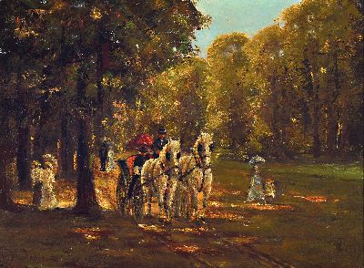 Image Hamid Mehrnia, geb. 1942, Kutsche und Spaziergänger im Park, Öl/Lwd, links unten ...
