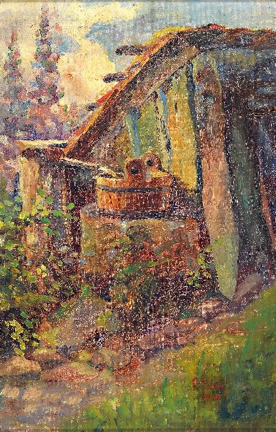 Image F. Bob, datiert 1914, 2 Pendants: Brunnen im Garten, Öl/Lwd, beide signiert, eines ...