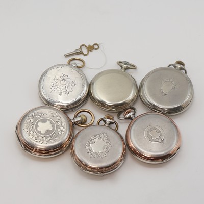 27104979d - 6 pocket watches thereof 3x silver and 3x nickel plated, Switzerland around 1880-1915, 1x ...
