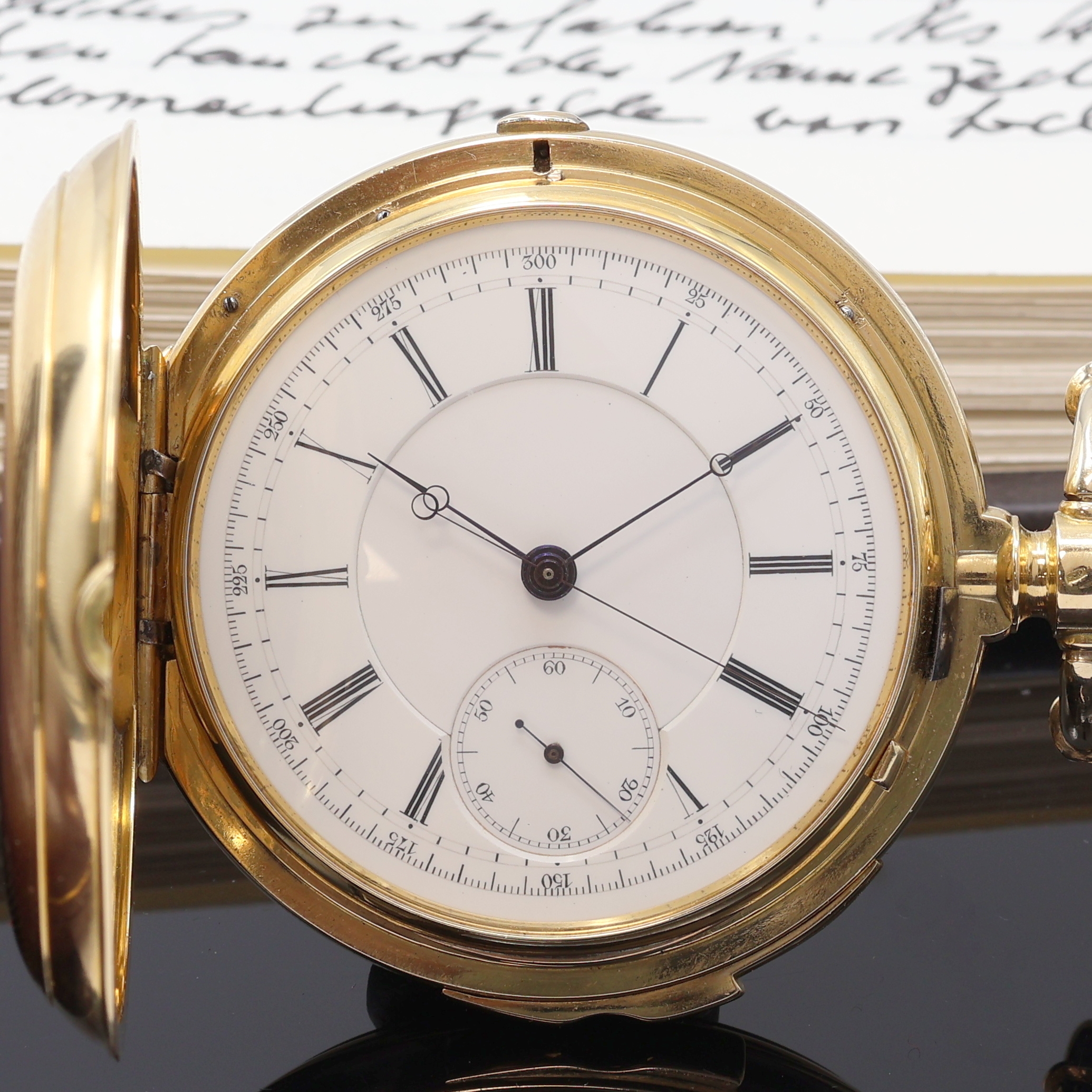 Detail a: HUGUENIN 170 Gramm schwere Herrensavonette in GG 750/000 mit Minuten-Repetition und Chronograph , Schweiz um 1890, schweres guill. 3 Deckel Goldgeh. ...