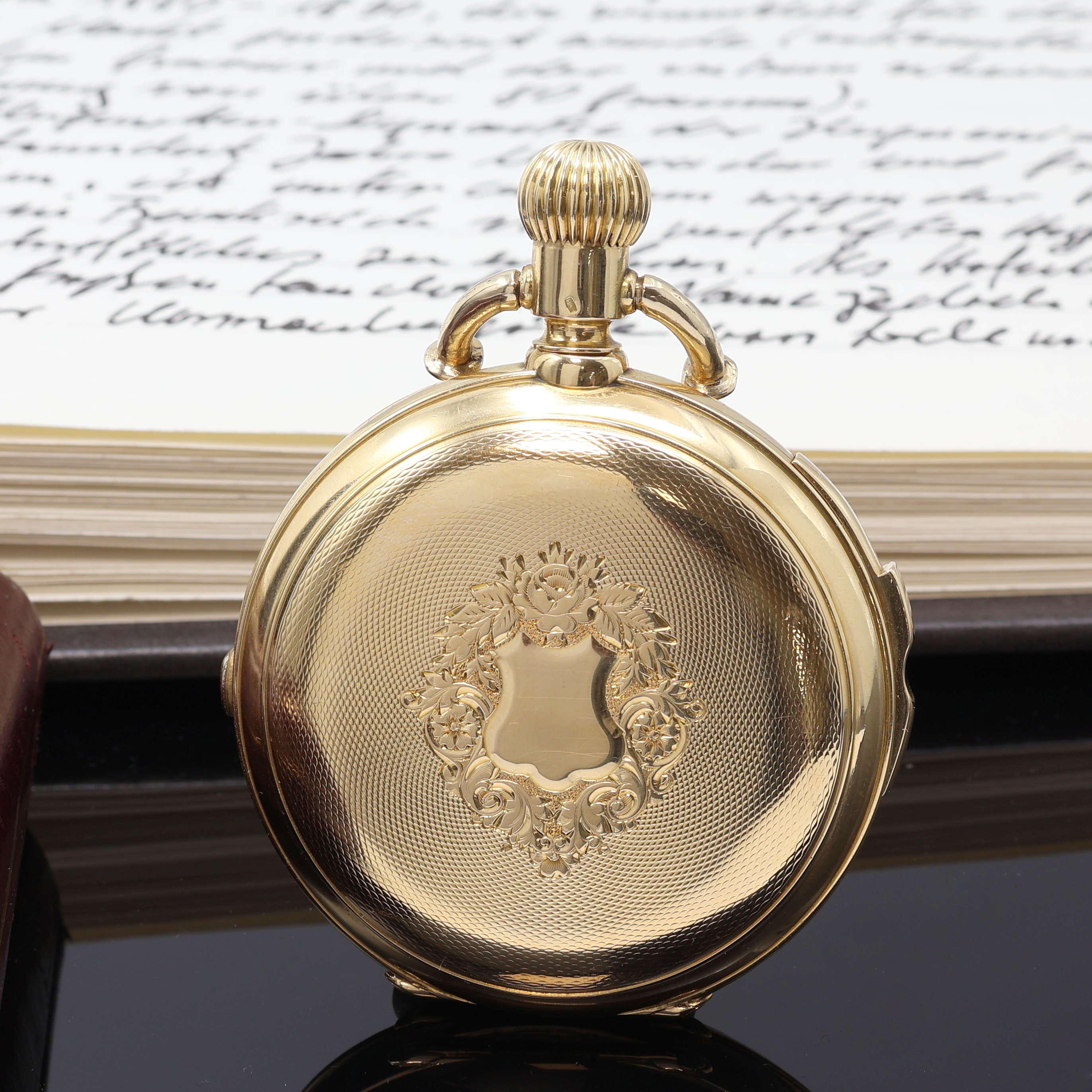 Detail c: HUGUENIN 170 Gramm schwere Herrensavonette in GG 750/000 mit Minuten-Repetition und Chronograph , Schweiz um 1890, schweres guill. 3 Deckel Goldgeh. ...