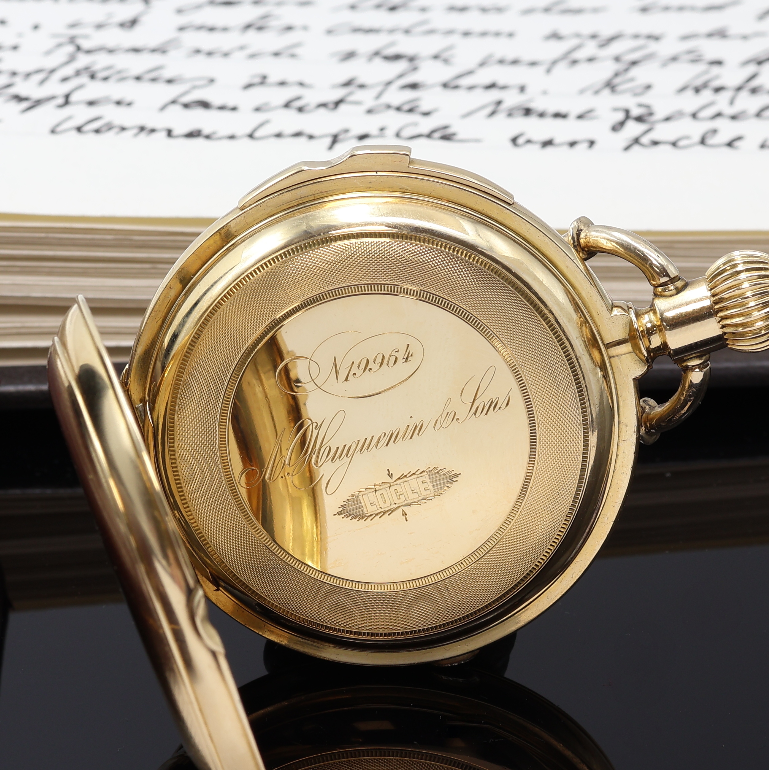 Detail f: HUGUENIN 170 Gramm schwere Herrensavonette in GG 750/000 mit Minuten-Repetition und Chronograph , Schweiz um 1890, schweres guill. 3 Deckel Goldgeh. ...