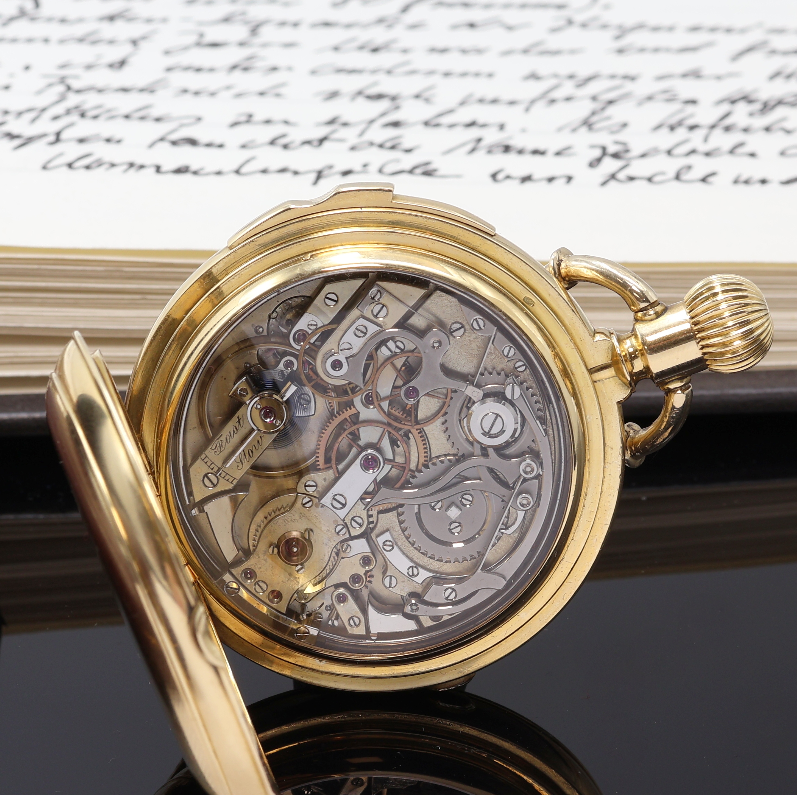 Detail h: HUGUENIN 170 Gramm schwere Herrensavonette in GG 750/000 mit Minuten-Repetition und Chronograph , Schweiz um 1890, schweres guill. 3 Deckel Goldgeh. ...