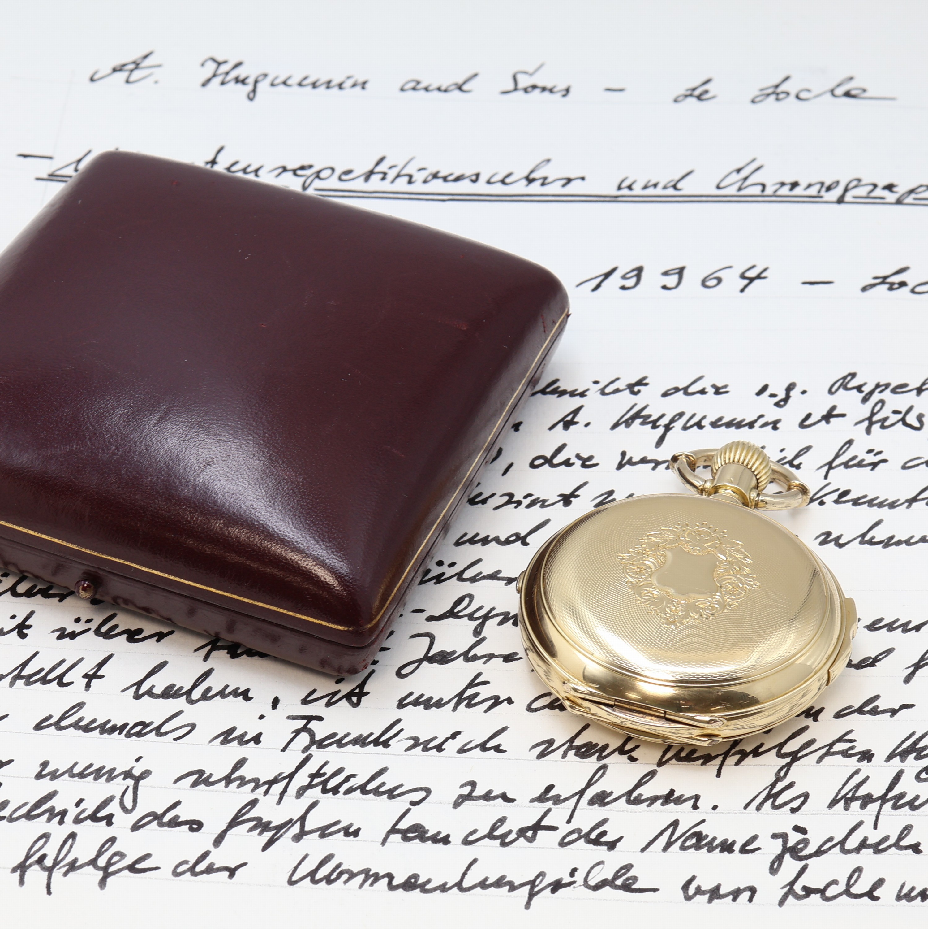 Detail i: HUGUENIN 170 Gramm schwere Herrensavonette in GG 750/000 mit Minuten-Repetition und Chronograph , Schweiz um 1890, schweres guill. 3 Deckel Goldgeh. ...