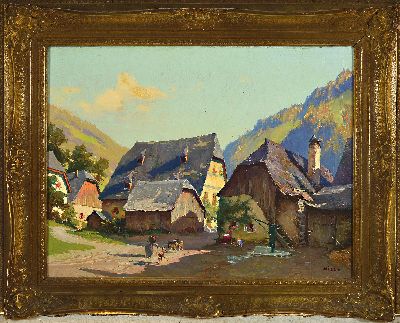 27106116k - Anton Hille, 1866-1921 Dresden, Bergdorf, Öl/Lwd, sonnenüberflutete Dorfstrasse mit ...