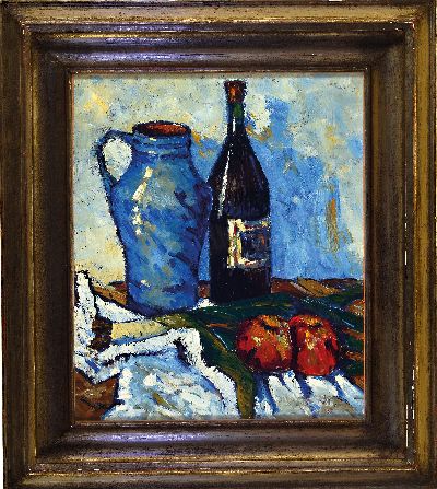 27106118k - Arthur Eitler, 1914-2014, Stillleben mit Steingutkanne, Weinflasche und zwei Äpfeln, ...