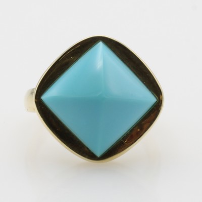 27106706a - Ring mit Türkis, GG 585/000, Türkis pyrami- denf., Maße ca. 12x12 mm, RW ca. 55 ...