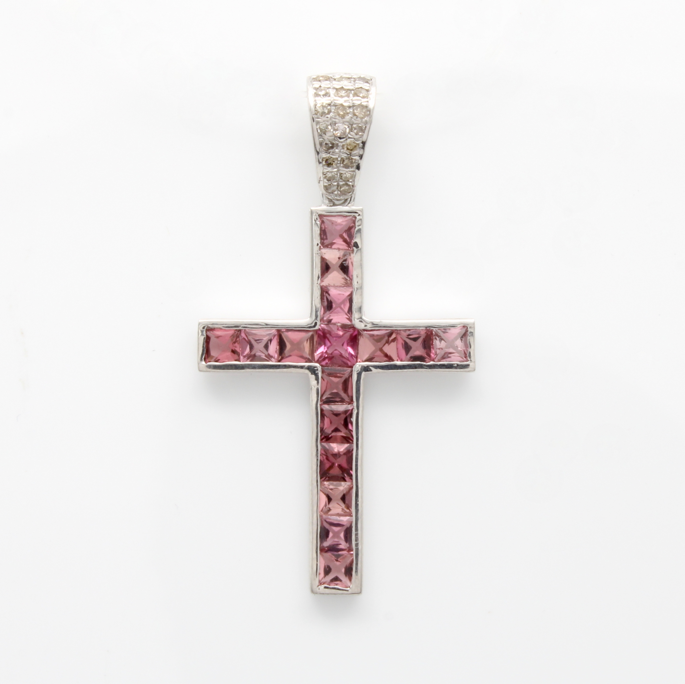 Image 27107774 - Kreuzanhänger mit Turmalinen und Diamanten, 925er Silber, pinkf. Turmalincarrées zus. ...