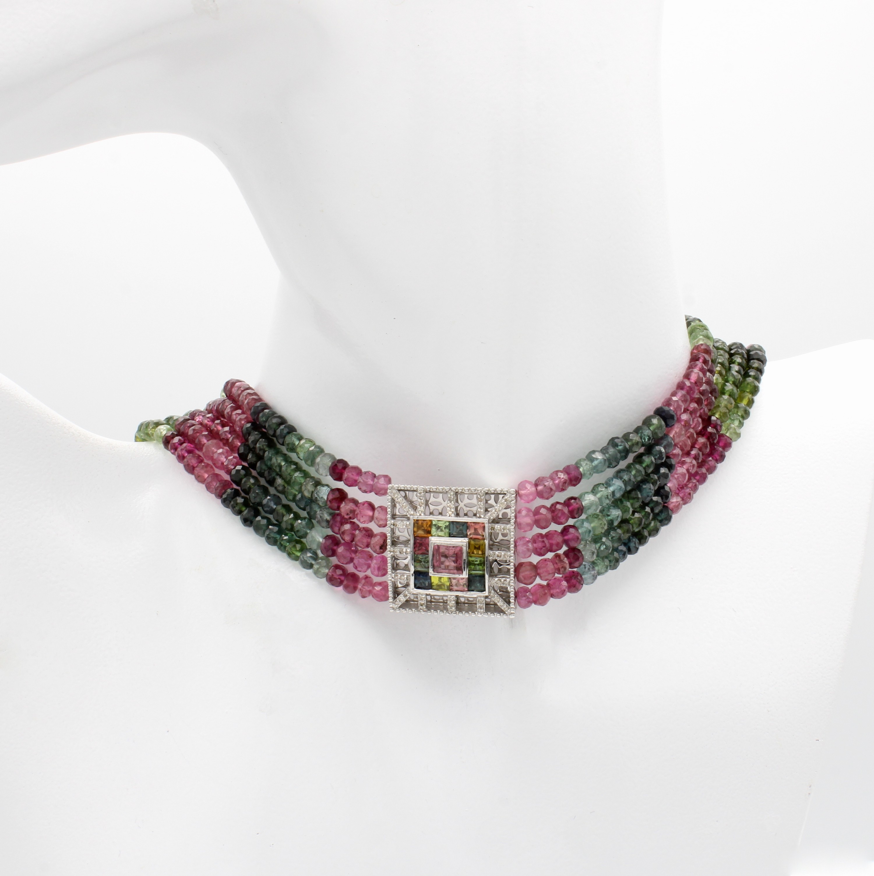 Image 27107777 - 5-reihiger Choker/Kropfband mit Turmalinen undDiamanten, 925er Silber, Turmalinlinsen im ...