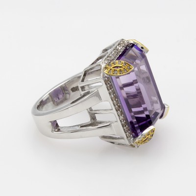 27107772b - Ring mit Amethyst und Diamanten, 925er Silber, geteilte Ringschiene, achteck. Amethyst ...
