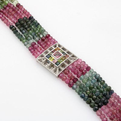 27107777a - 5-reihiger Choker/Kropfband mit Turmalinen undDiamanten, 925er Silber, Turmalinlinsen im ...