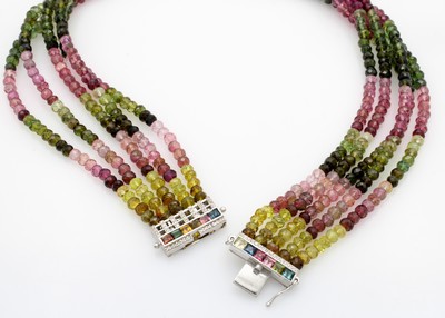27107777b - 5-reihiger Choker/Kropfband mit Turmalinen undDiamanten, 925er Silber, Turmalinlinsen im ...