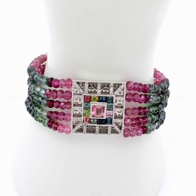27107778a - 5-reihiges Armband mit Turmalinen und Diamanten, 925er Silber, Turmalinlinsen im ...
