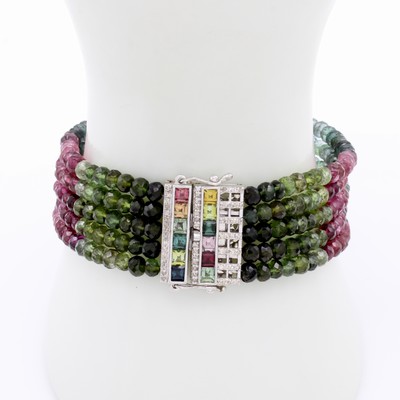27107778b - 5-reihiges Armband mit Turmalinen und Diamanten, 925er Silber, Turmalinlinsen im ...