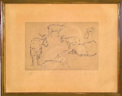 27107999k - August Gaul, 1869 Hanau-1921 Berlin, Radierung, Studie zu 5 Ziegen, handsigniert, ...