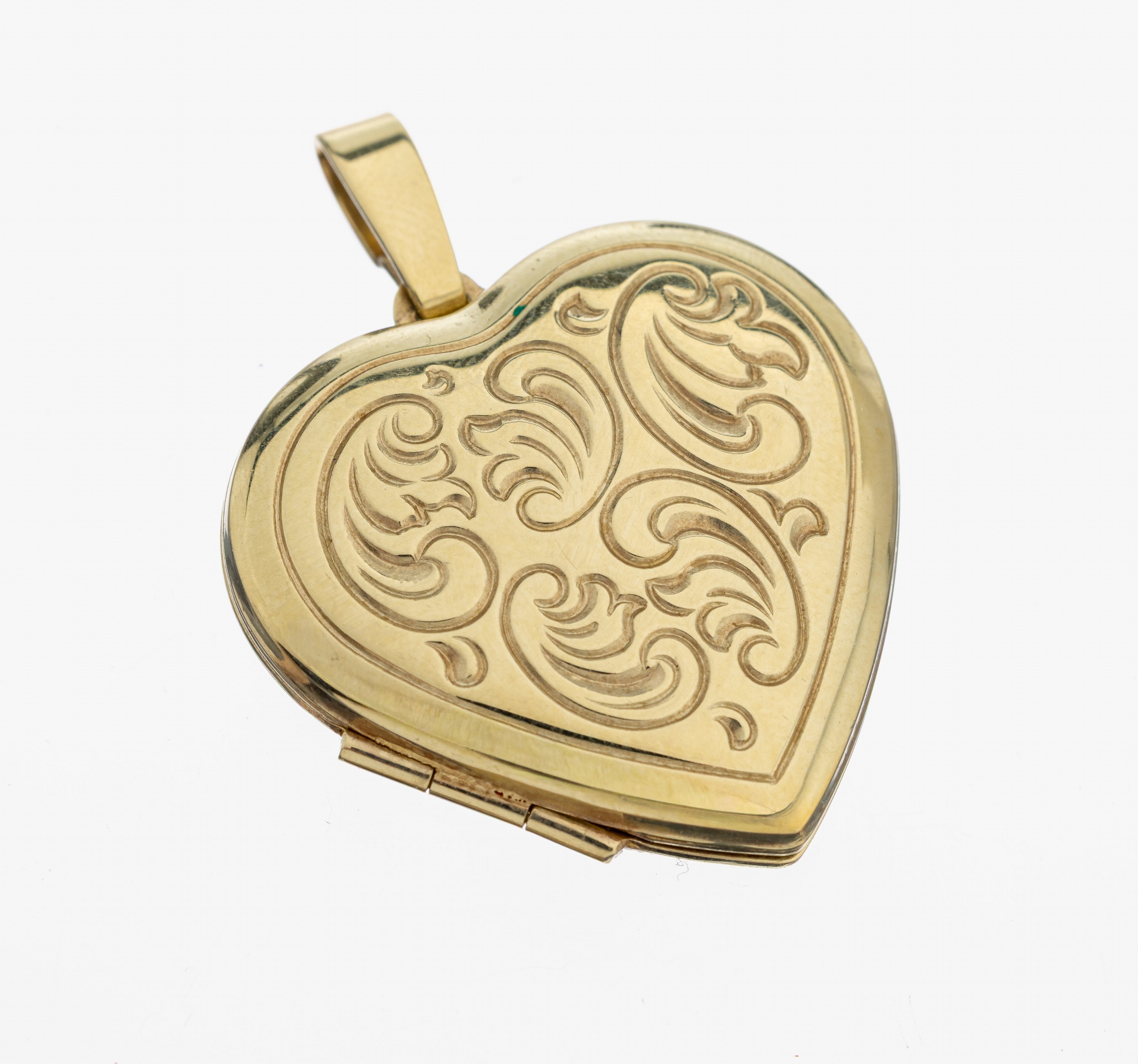 14 kt Gold Herz-Medaillonanhänger, GG 585/000, Deckel reliefiert mit Rocaillen, aufklappbar, innen Platz für 2 Fotos, ca. 4 x 3 cm, ca.