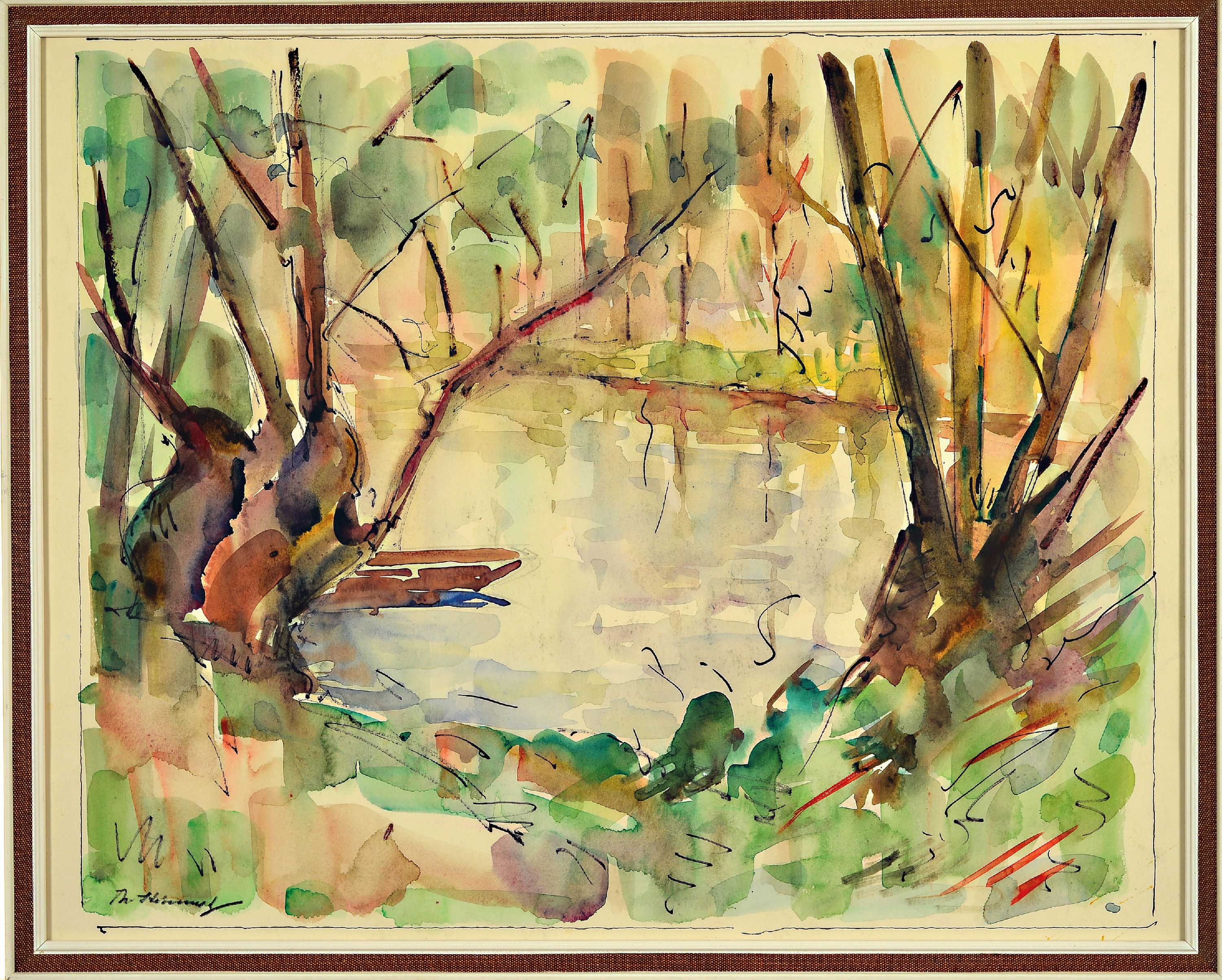 Detail l: Philippe Steinmetz, 1900-1987 Landau, zwei Aquarelle, Altrheinlandschaften im Vorfrühling, je handsigniert, unter Glas gerahmt 42x52 cm
