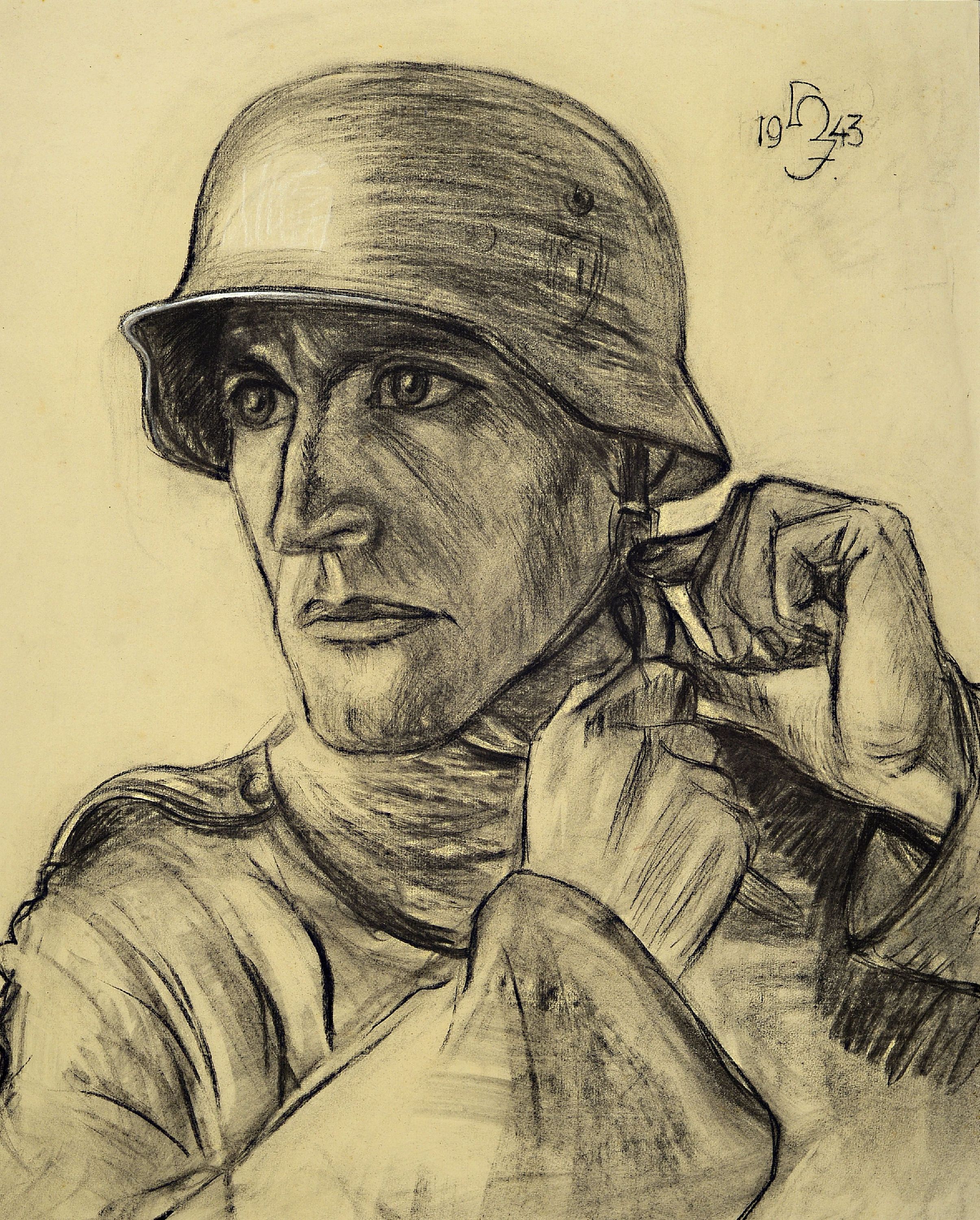 Detail a: Hermann Jürgens, 1914 Heidelberg-1967 Godramstein, zwei Kohlezeichnungen als Pendants, Wehrmachtssoldaten beim Festziehen ihrer Helm, je ...