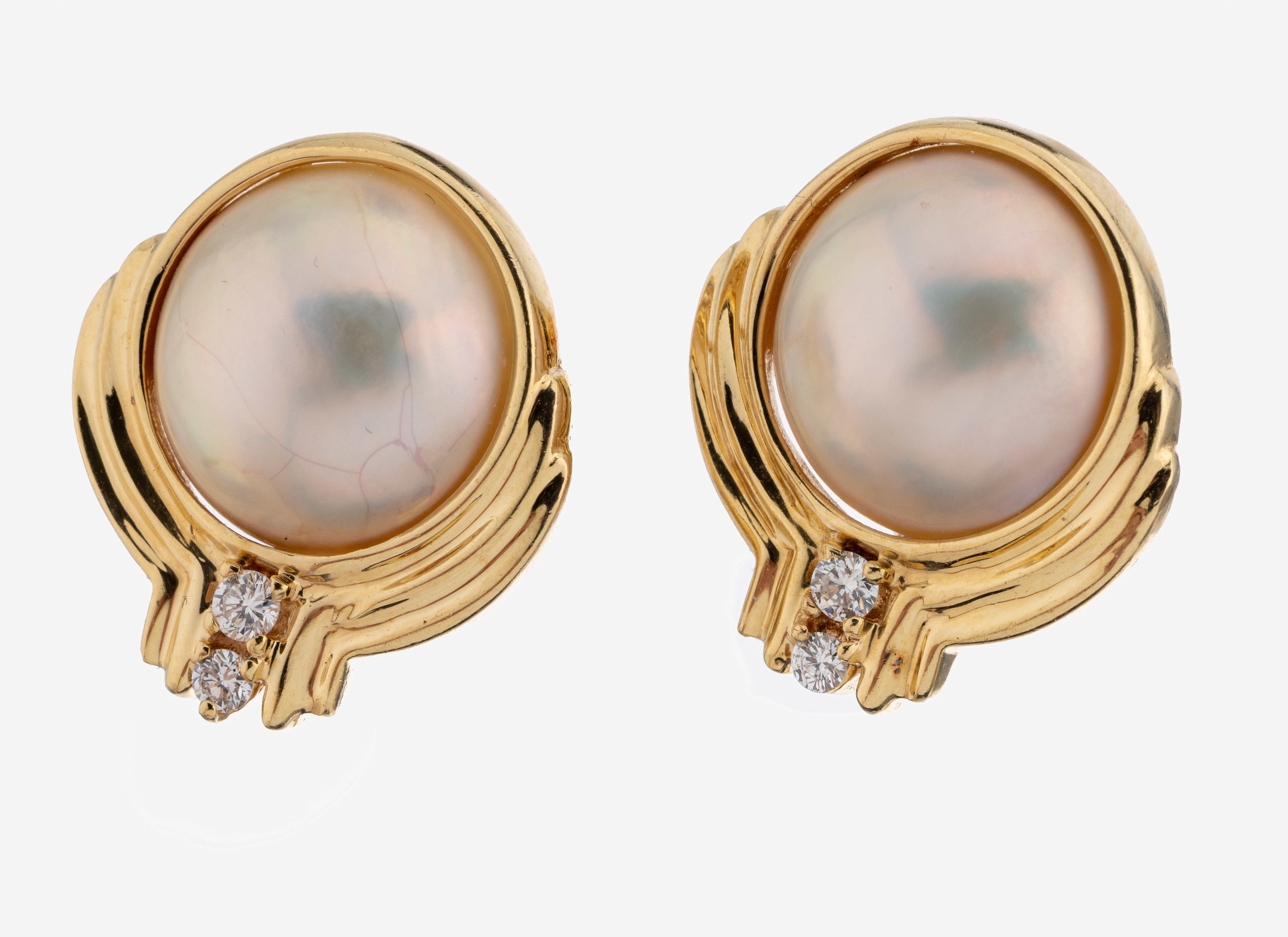Image 27108351 - Paar 14 kt Gold Perl-Brillant-Ohrstecker, GG 585/000, geometrisches Design, Mabeperlen, ...