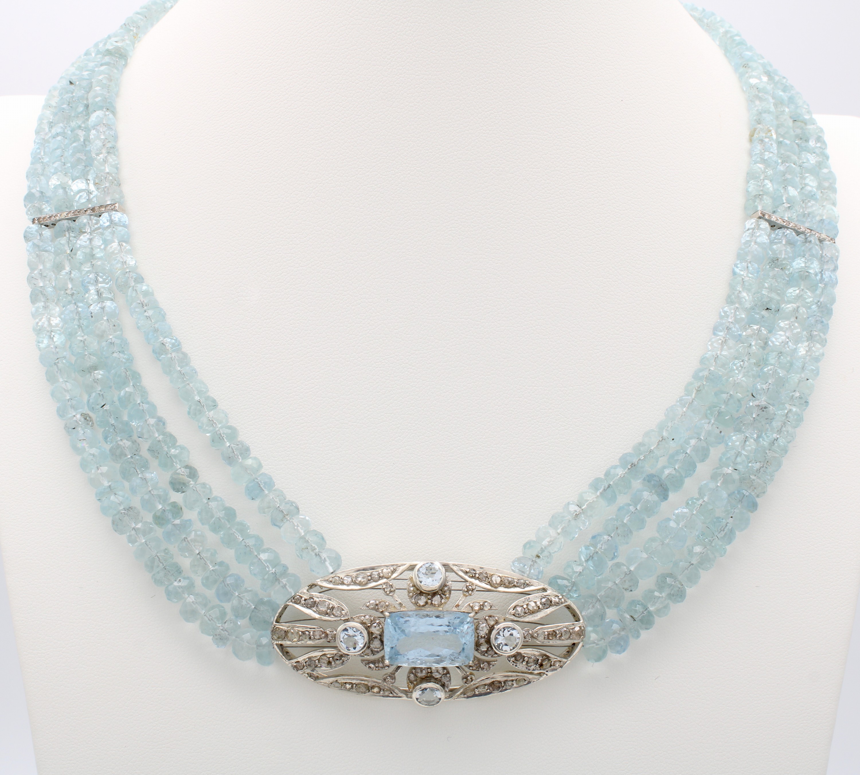 Image 27108429 - 4-reihige Aquamarinkette mit Diamantrosen, 925er Silber, Aquamarinlinsen und -besatz ...