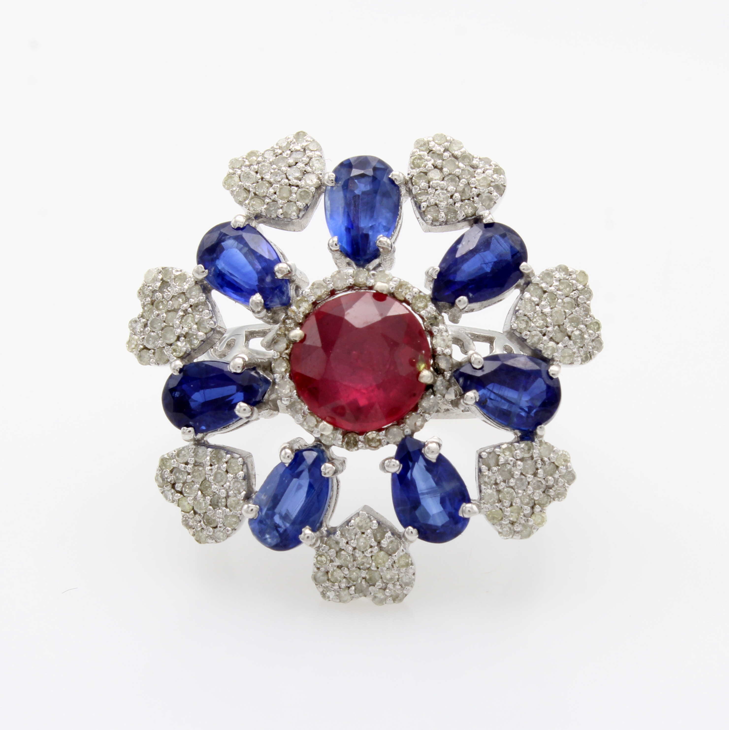 Image 27108438 - Ring mit Farbsteinen und Diamanten, 925er Silber, mittig gef. Rubin u. Kyanittropfen ...