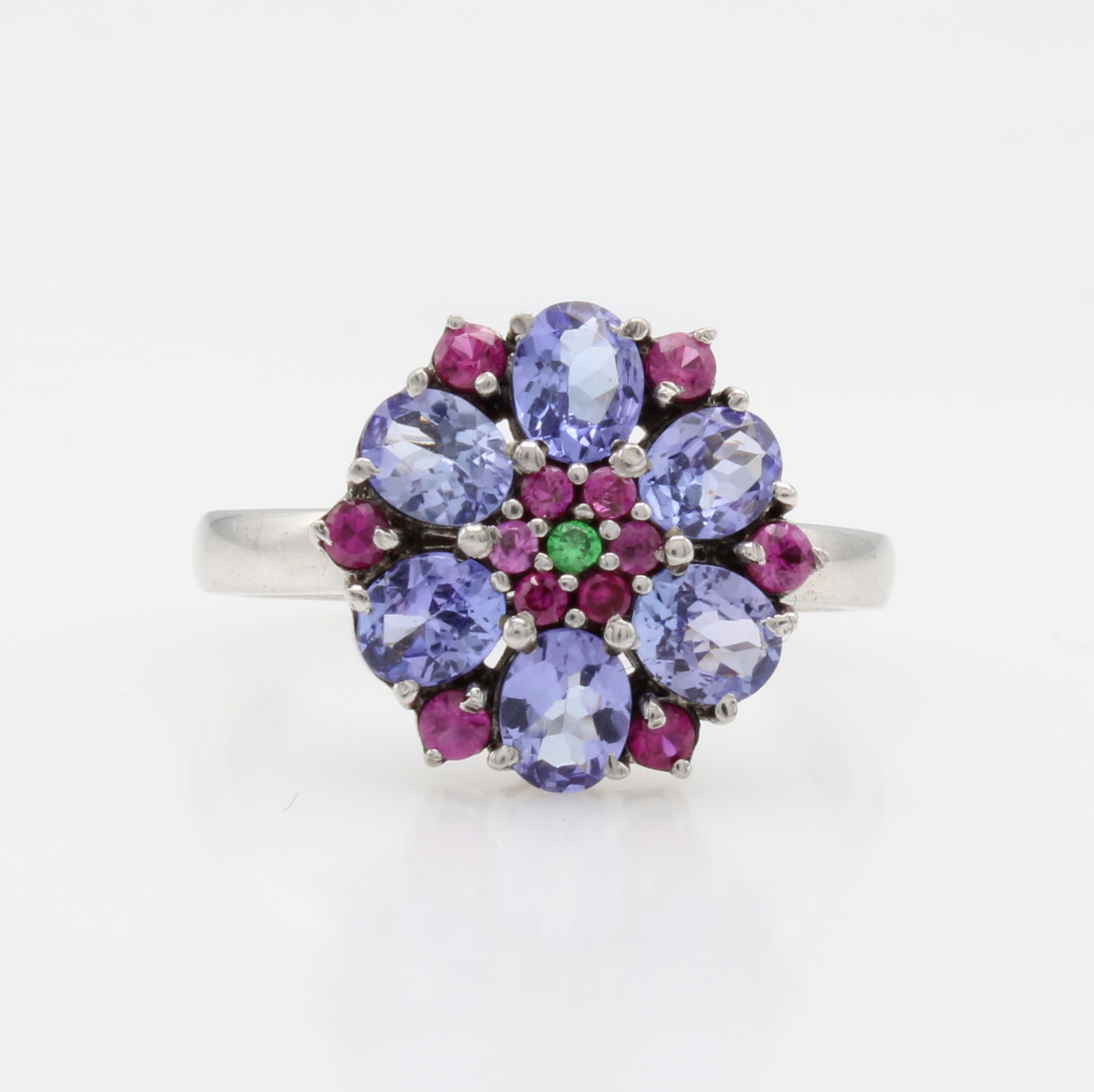 Image 27108443 - Ring ´Blüte´ mit Farbsteinen, 925er Silber, Tansanite, pinkfarb. Saphire u. Tsavorit, ...