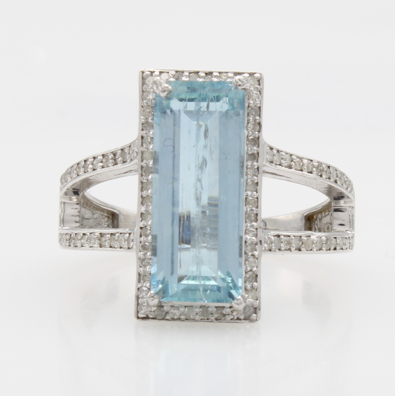Image 27108446 - Ring mit Aquamarin und Diamanten, 925er Silber, geteilte Ringschultern, achteck. ...