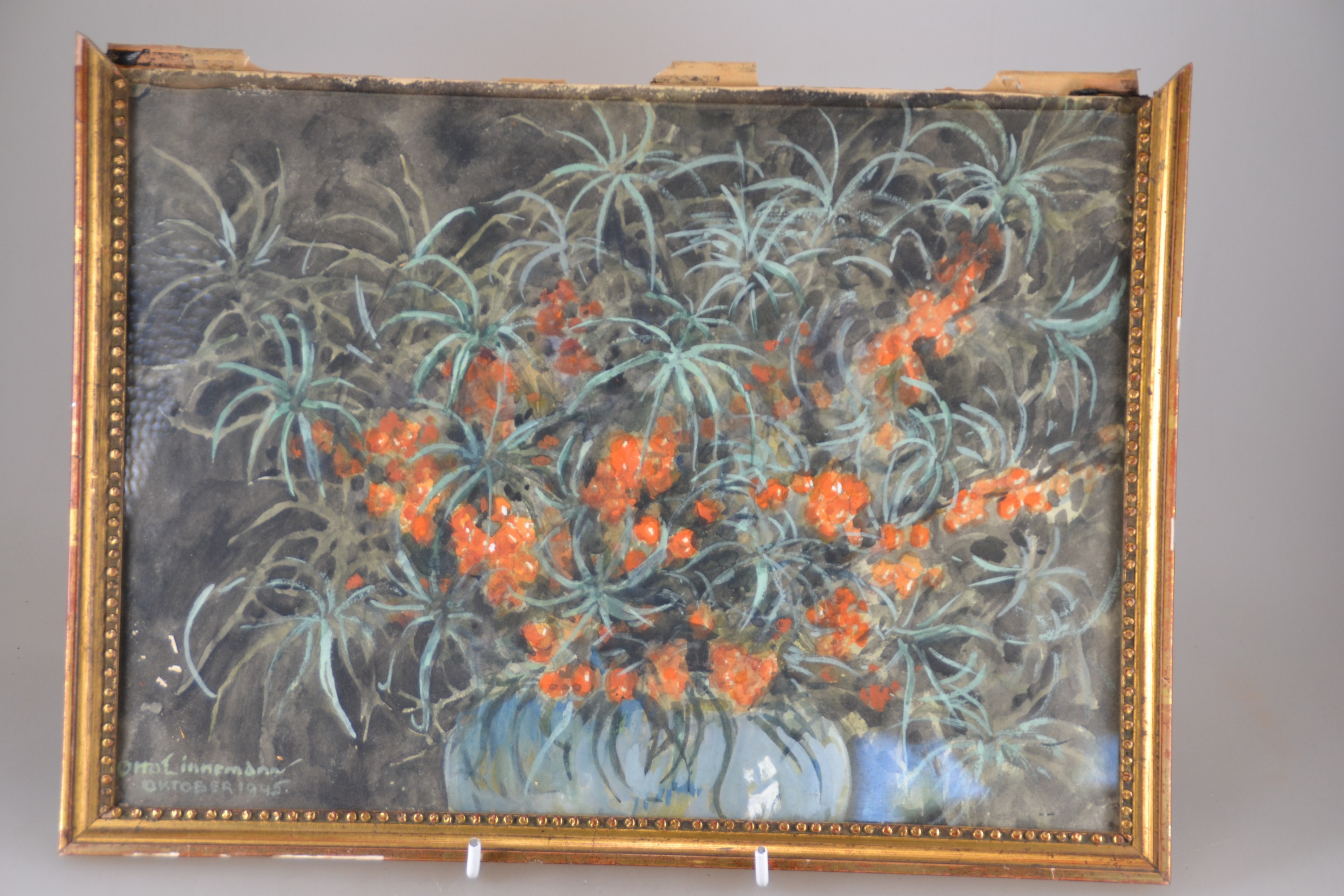 Detail a: Prof. Otto Linnemann, 1876-1961 Frankfurt/Main, 4 Aquarelle und eine Zeichnung: 4 Blumenstillleben, Aquarell/Papier, u.a. Sanddorn und Flieder, ...